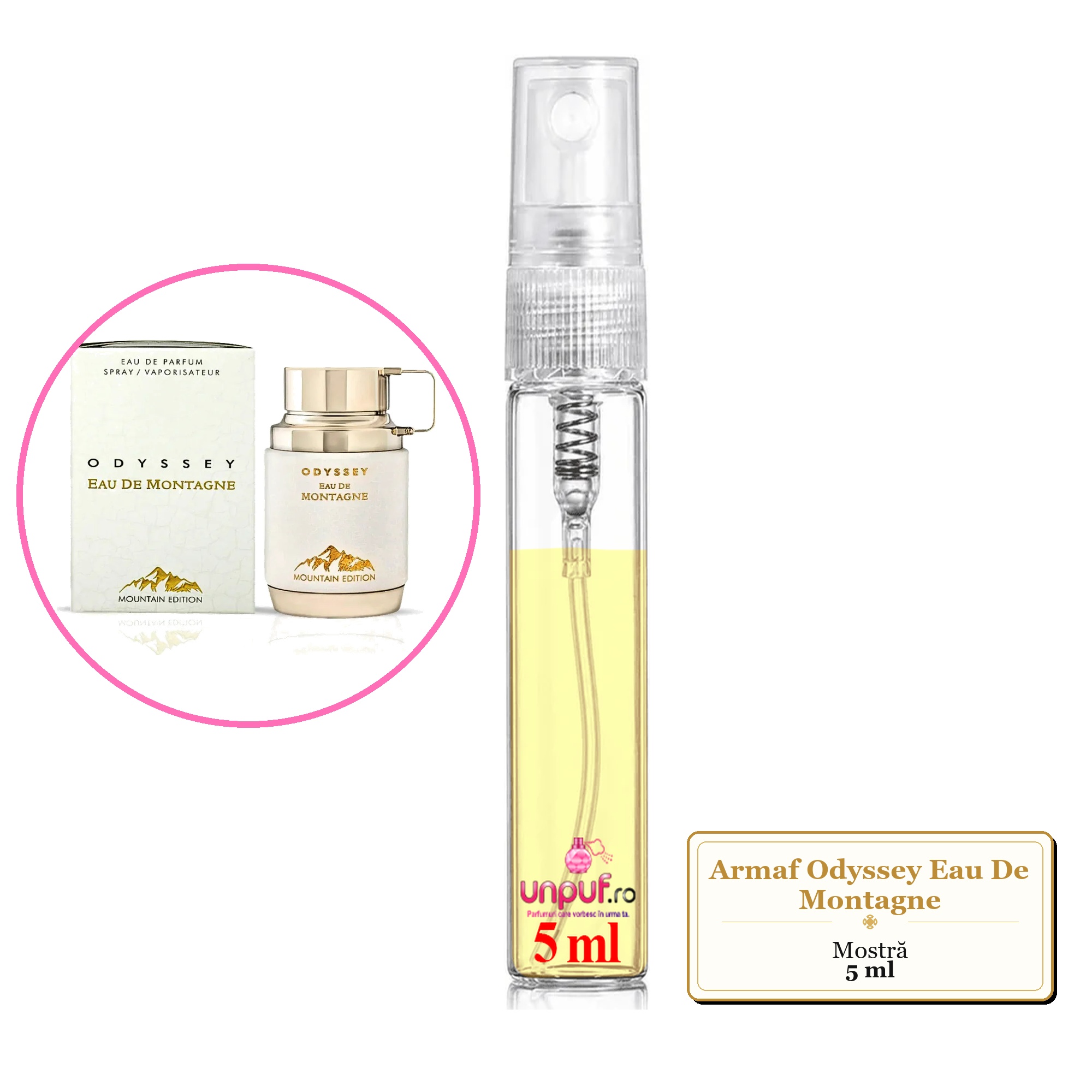 Mostra fiola din Parfumul Armaf Odyssey Eau De Montagne, decant sticla cu pulverizator 