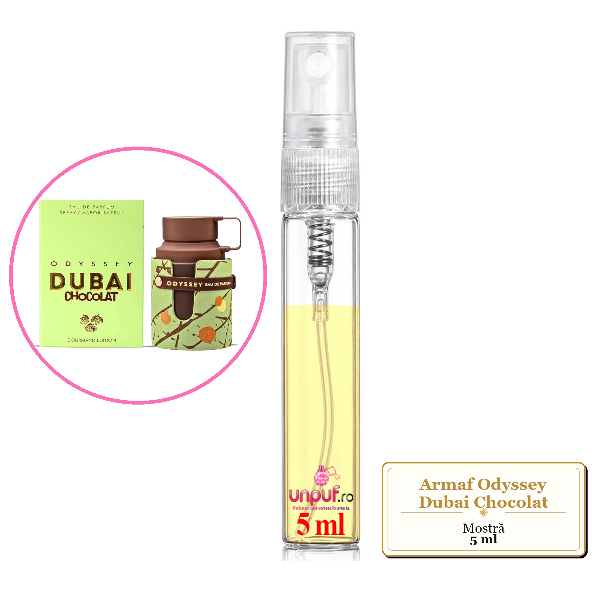 Mostra fiola din Parfumul Armaf Odyssey Dubai Chocolat, decant sticla cu pulverizator