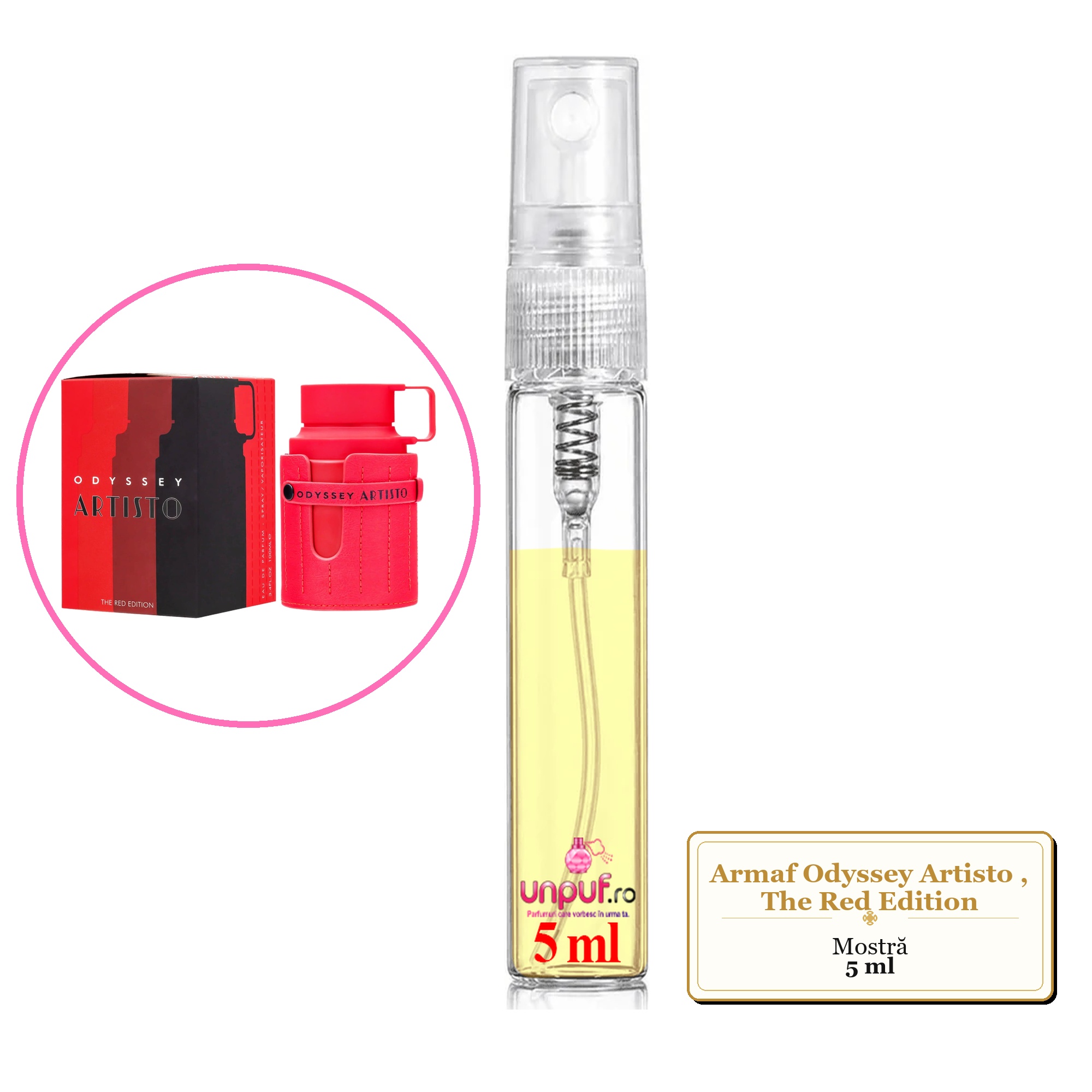 Mostra fiola din Parfumul Armaf Odyssey Artisto, The Red Edition, decant sticla cu pulverizator 