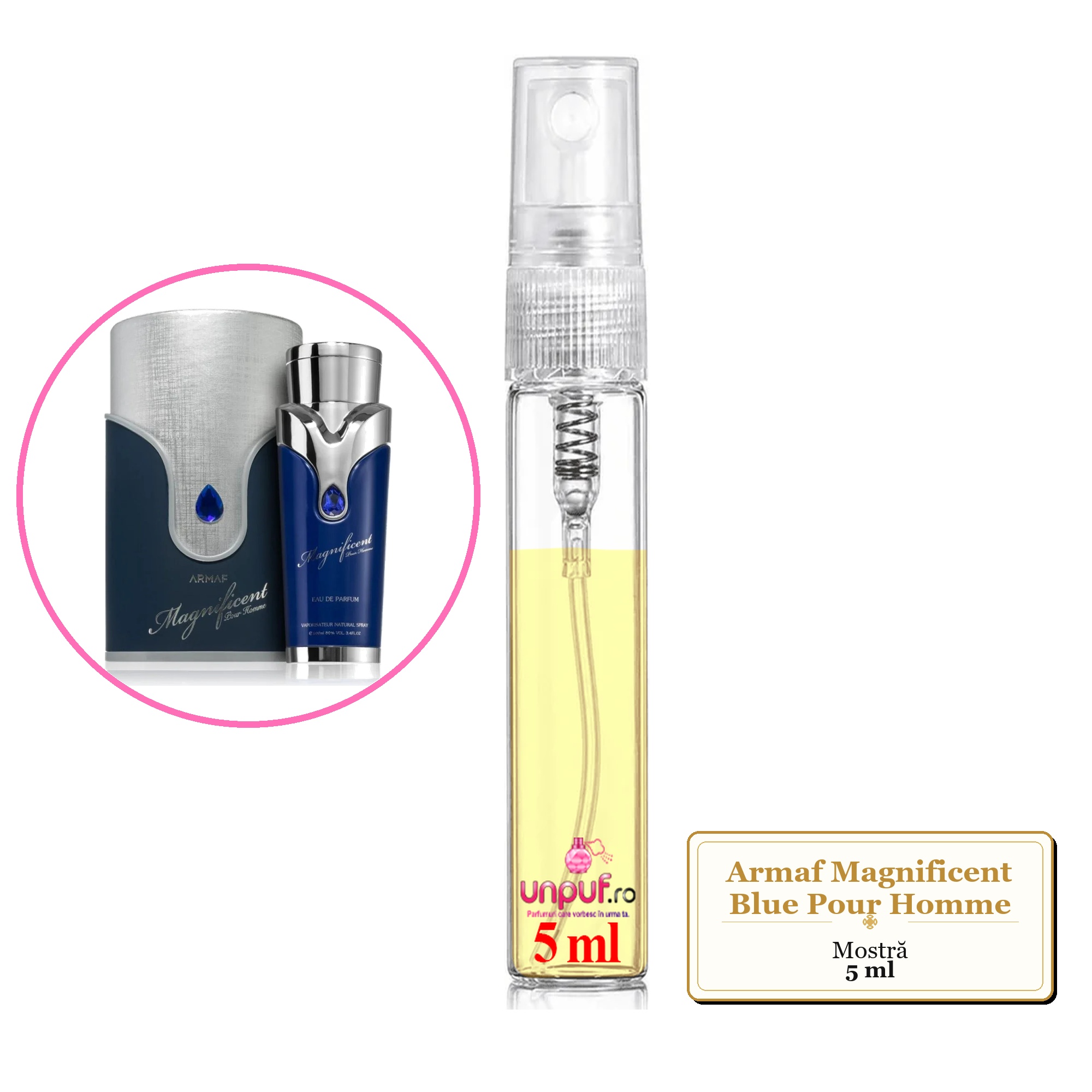 Mostra fiola din Parfumul Armaf Magnificent Blue Pour Homme, decant sticla cu pulverizator 