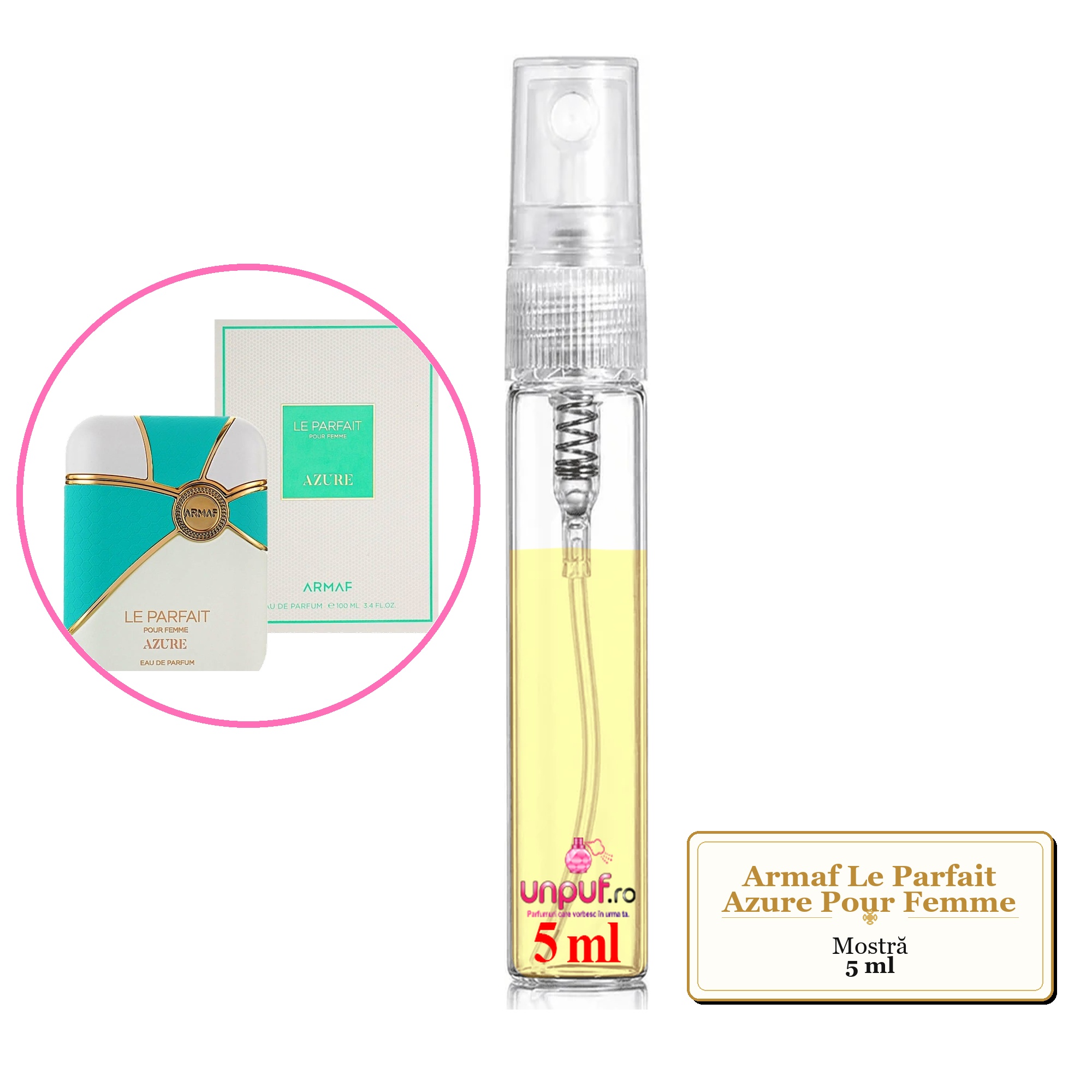 Mostra fiola din Parfumul Armaf Le Parfait Azure Pour Femme, decant sticla cu pulverizator