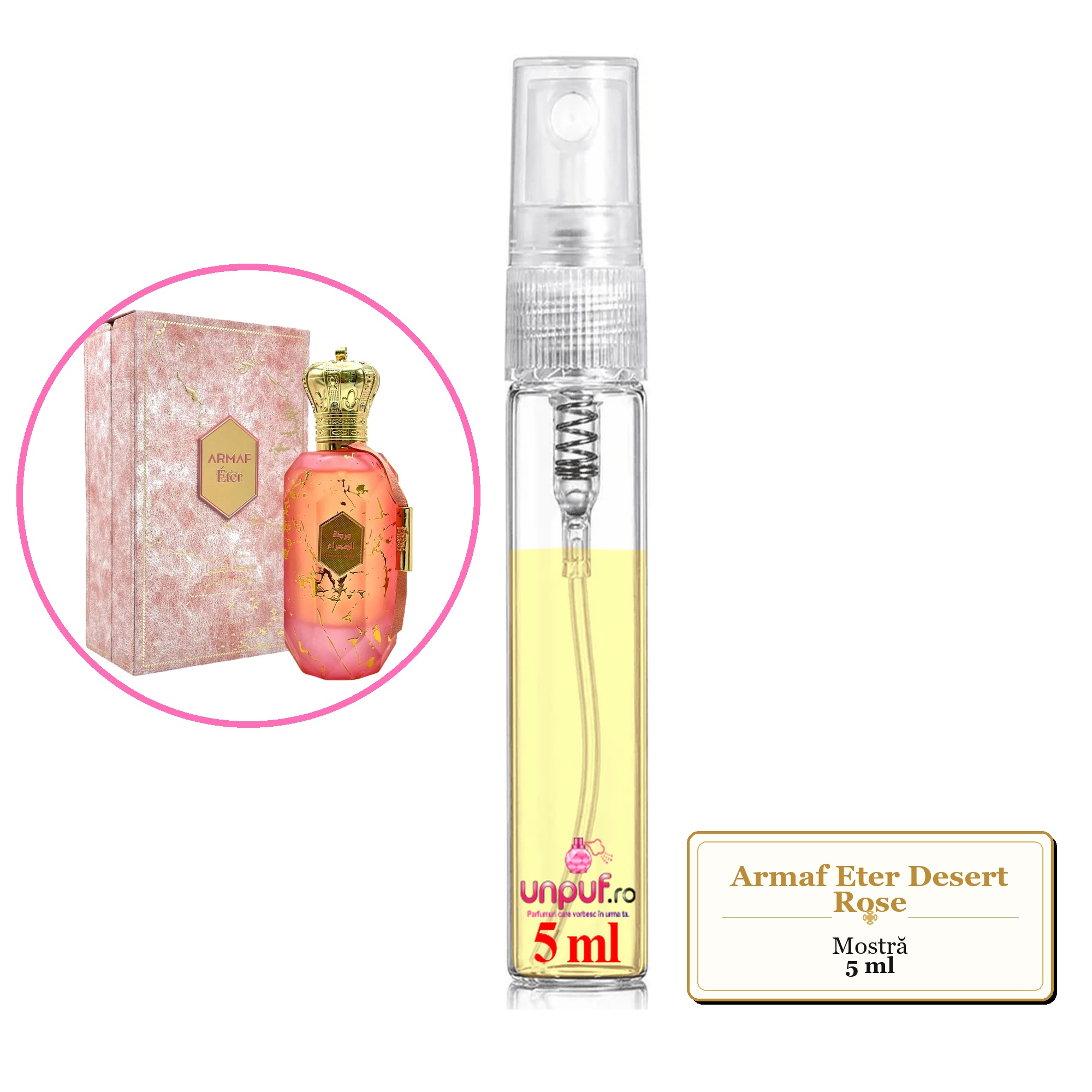 Mostra fiola din Parfumul Armaf Eter Desert Rose, decant sticla cu pulverizator 