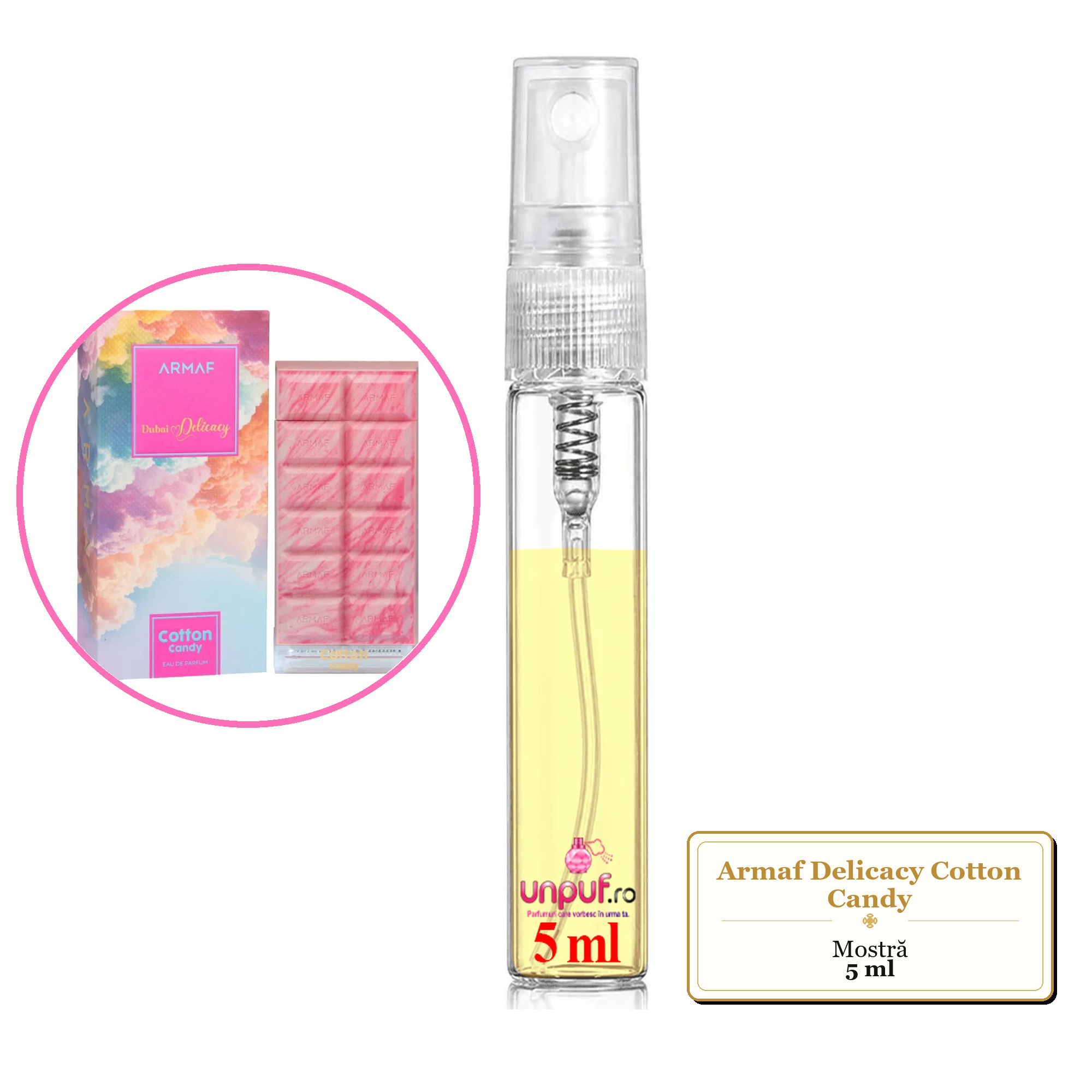 Mostra fiola din Parfumul Armaf Delicacy Cotton Candy, decant sticla cu pulverizator 