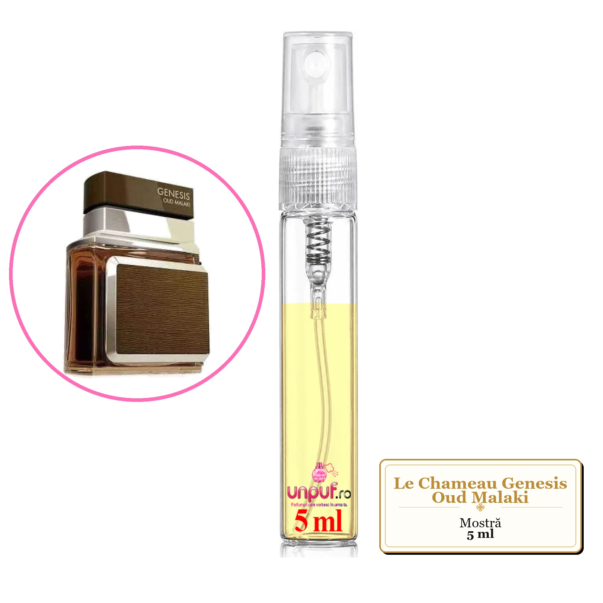 Mostra fiola din Parfumul Le Chameau Genesis Oud Malaki, decant sticla cu pulverizator