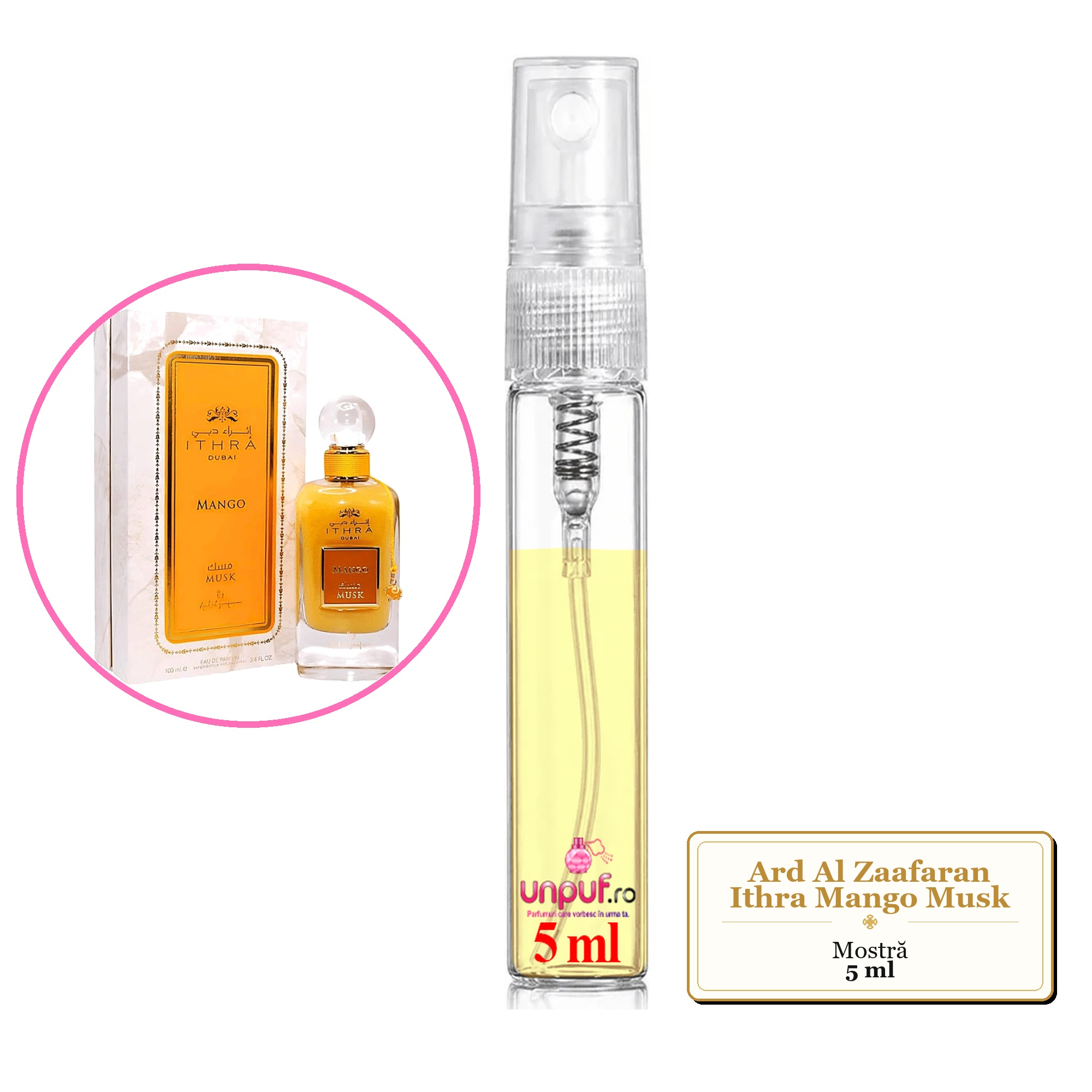 Mostra fiola din Parfumul Ard Al Zaafaran Ithra Mango Musk, decant sticla cu pulverizator
