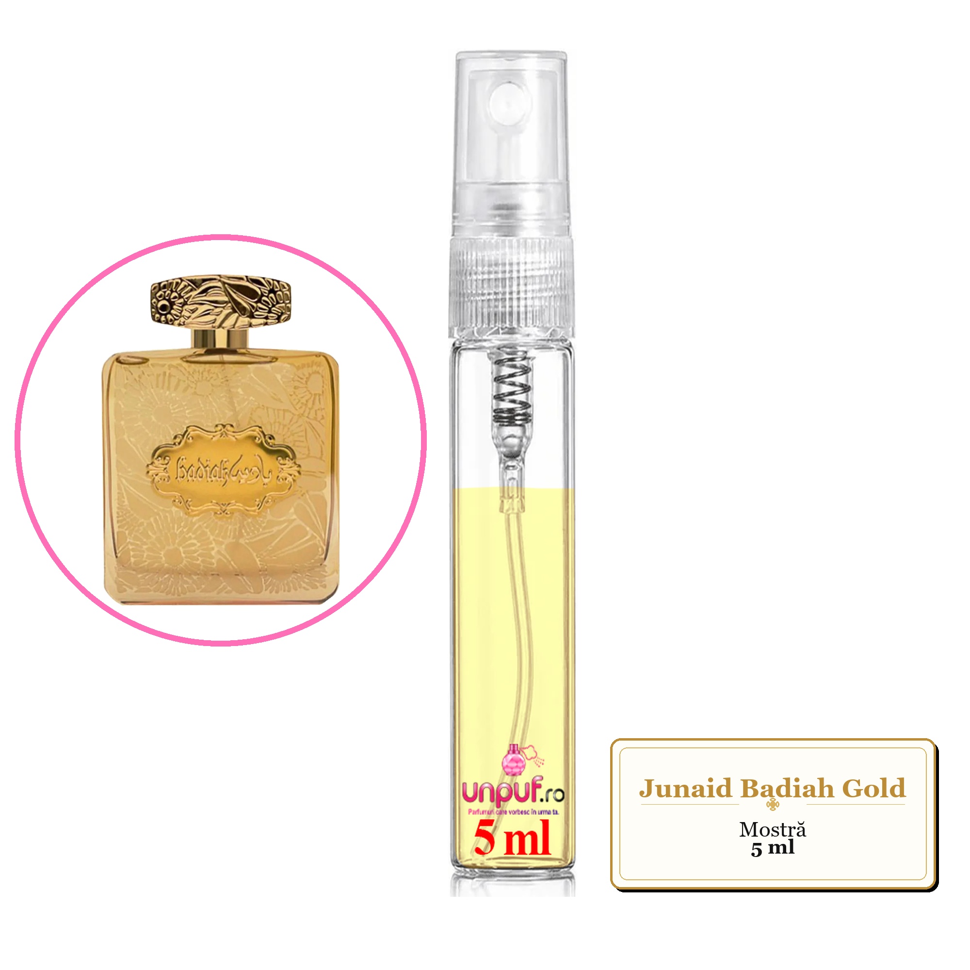 Mostra fiola din Parfumul Junaid Badiah Gold, decant sticla cu pulverizator