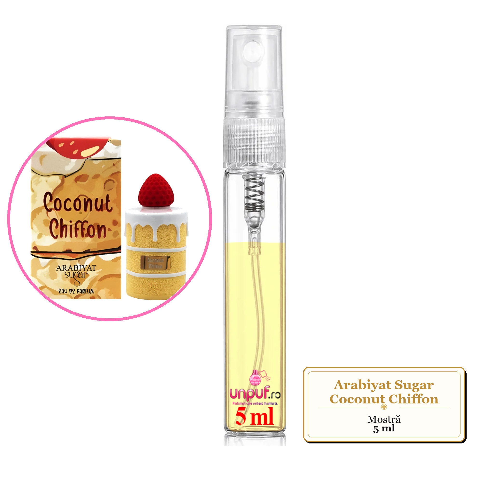 Mostra fiola din Parfumul Arabiyat Sugar Coconut Chiffon, decant sticla cu pulverizator