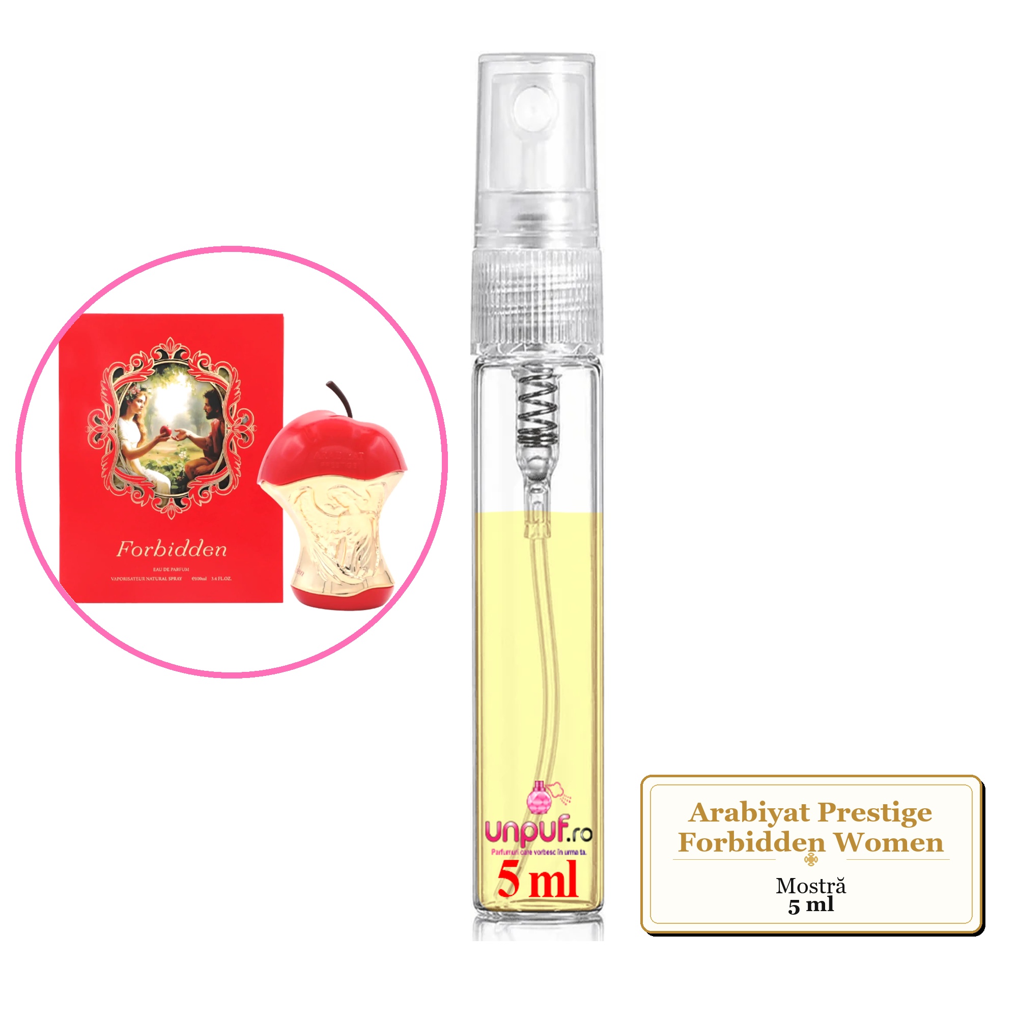Mostra fiola din Parfumul Arabiyat Prestige Forbidden Women, decant sticla cu pulverizator 