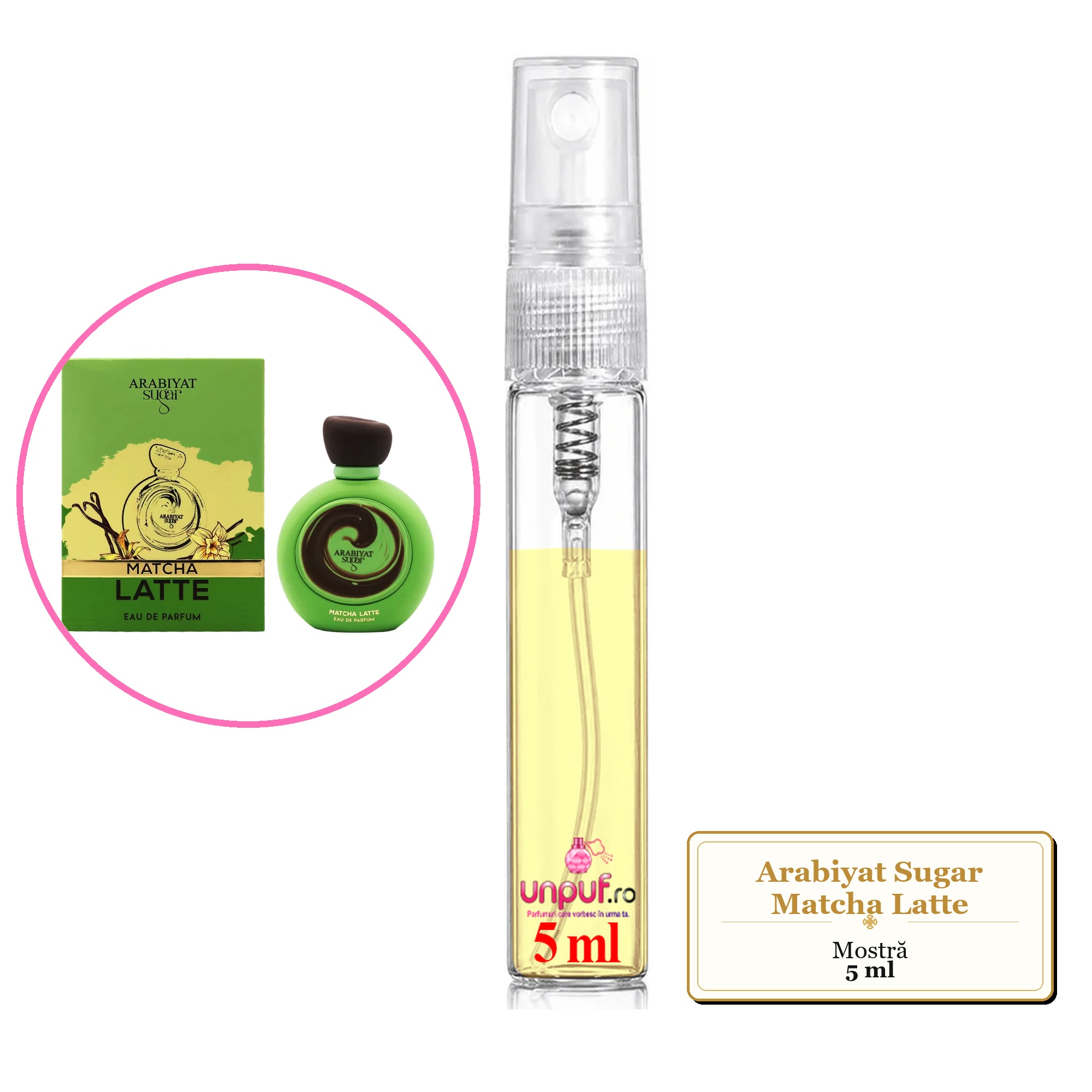 Mostra fiola din Parfumul Arabiyat Sugar Matcha Latte, decant sticla cu pulverizator