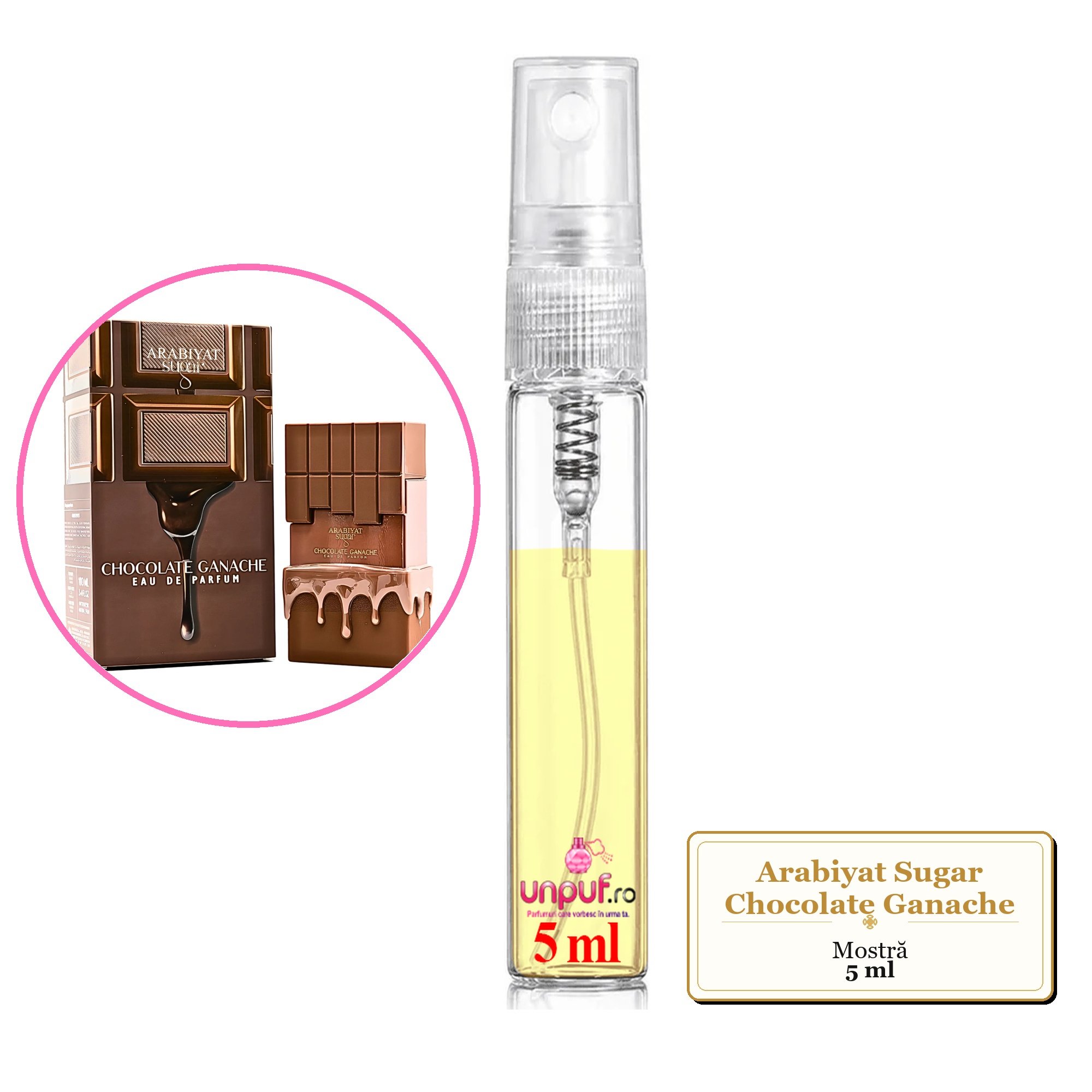 Mostra fiola din Parfumul Arabiyat Sugar Chocolate Ganache, decant sticla cu pulverizator 