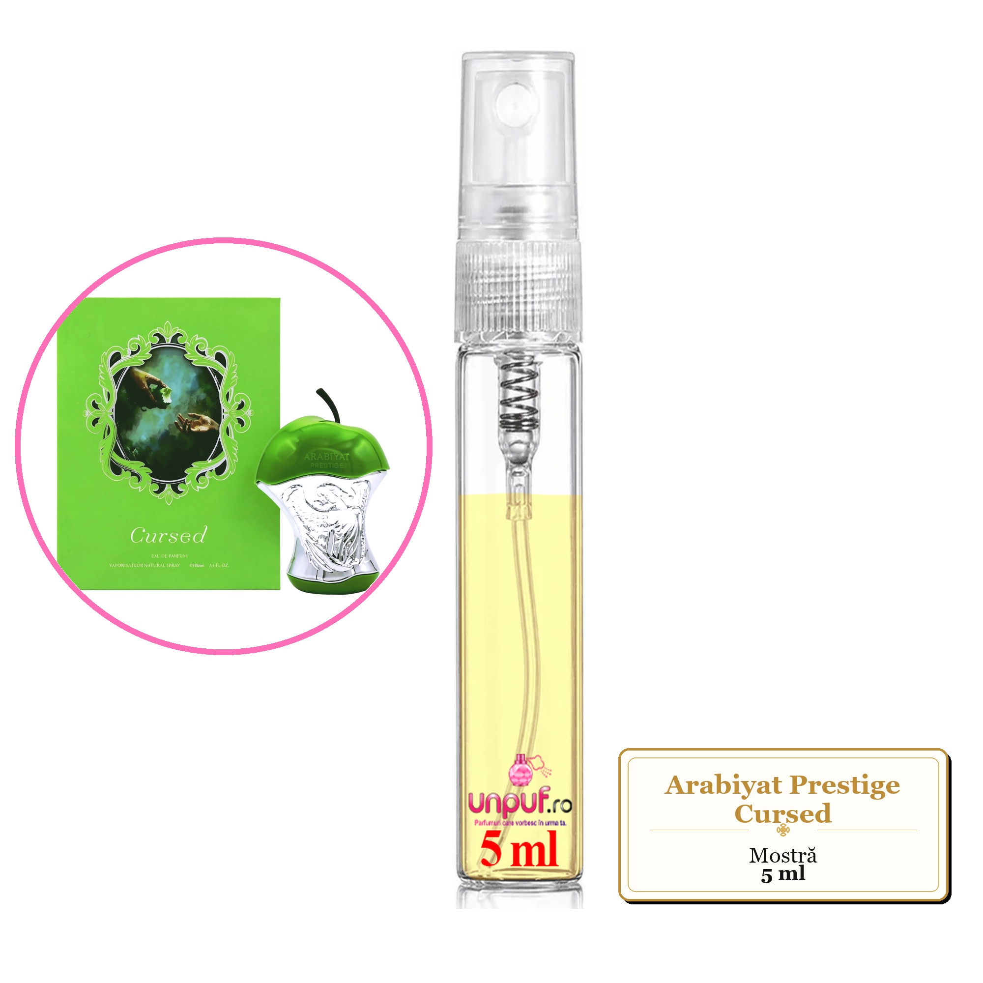 Mostra fiola din Parfumul Arabiyat Prestige Cursed, decant sticla cu pulverizator
