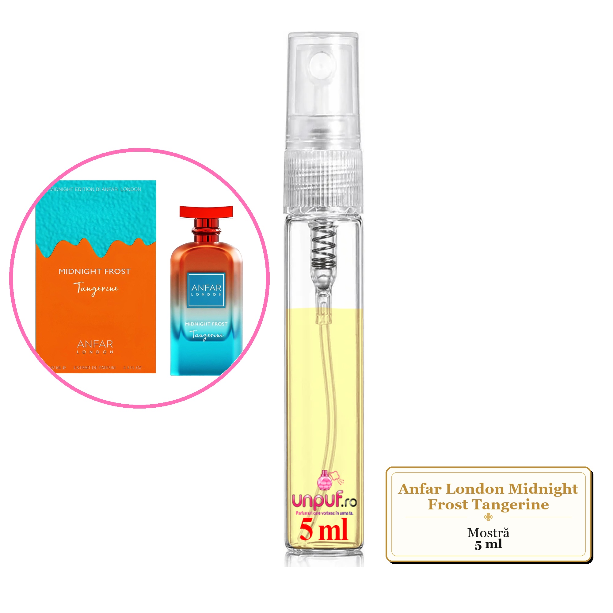 Mostra fiola din Parfumul Anfar London Midnight Frost Tangerine, decant sticla cu pulverizator 