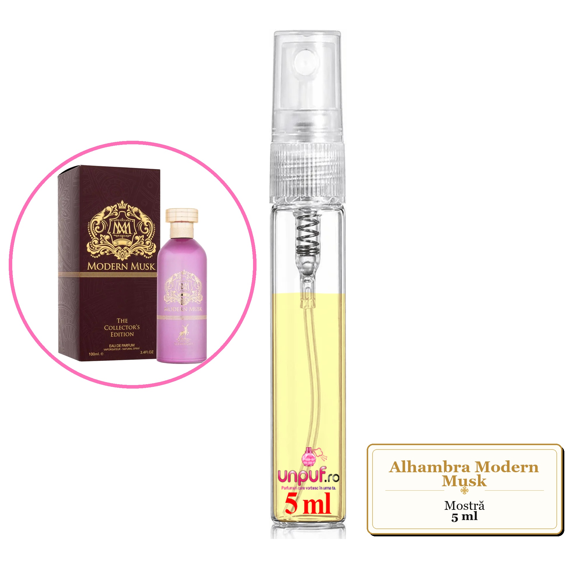 Mostra fiola din Parfumul Alhambra Modern Musk, decant sticla cu pulverizator