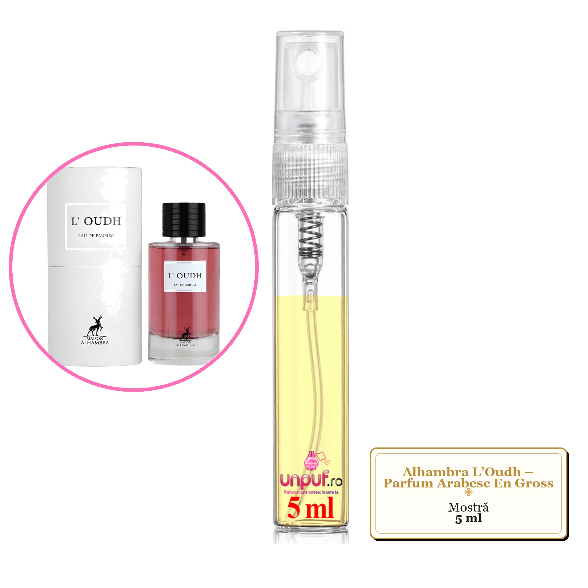 Mostra fiola din Parfumul Alhambra L’Oudh – Parfum Arabesc En Gross, decant sticla cu pulverizator 