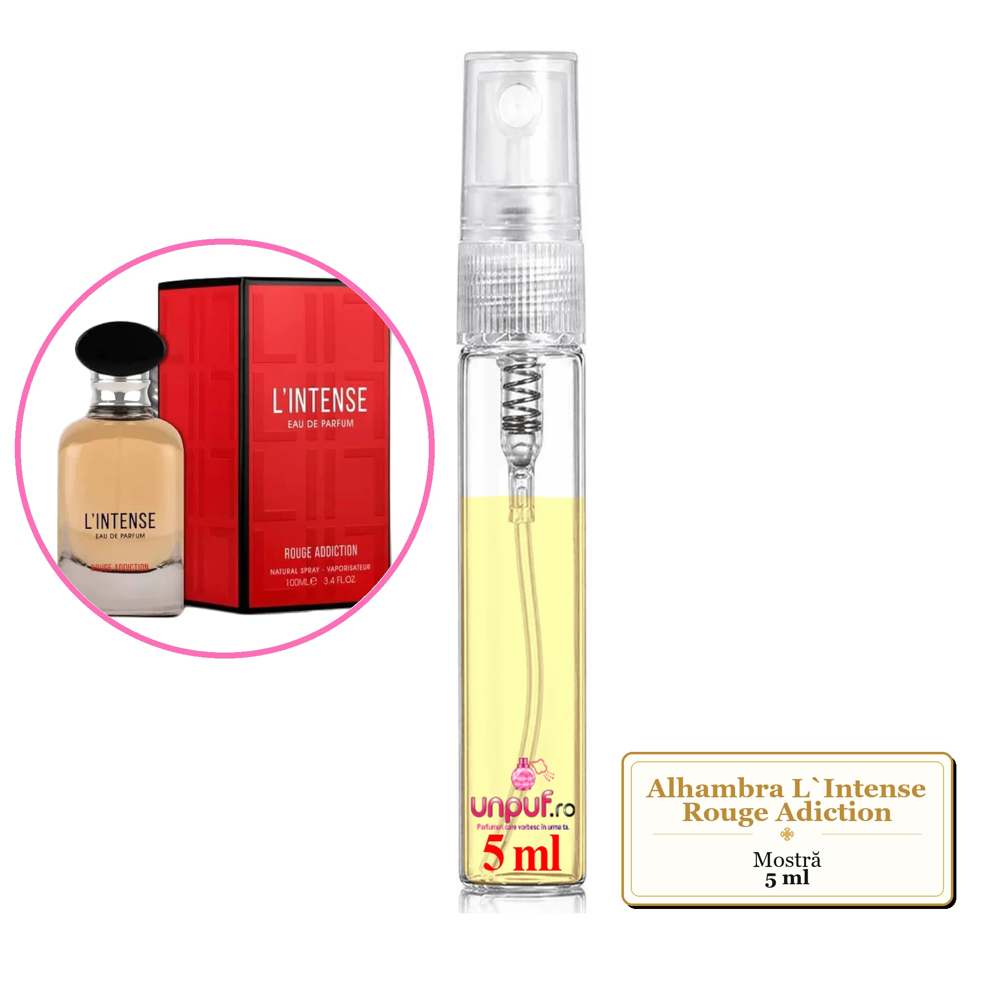 Mostra fiola din Parfumul Alhambra L`Intense Rouge Adiction, decant sticla cu pulverizator