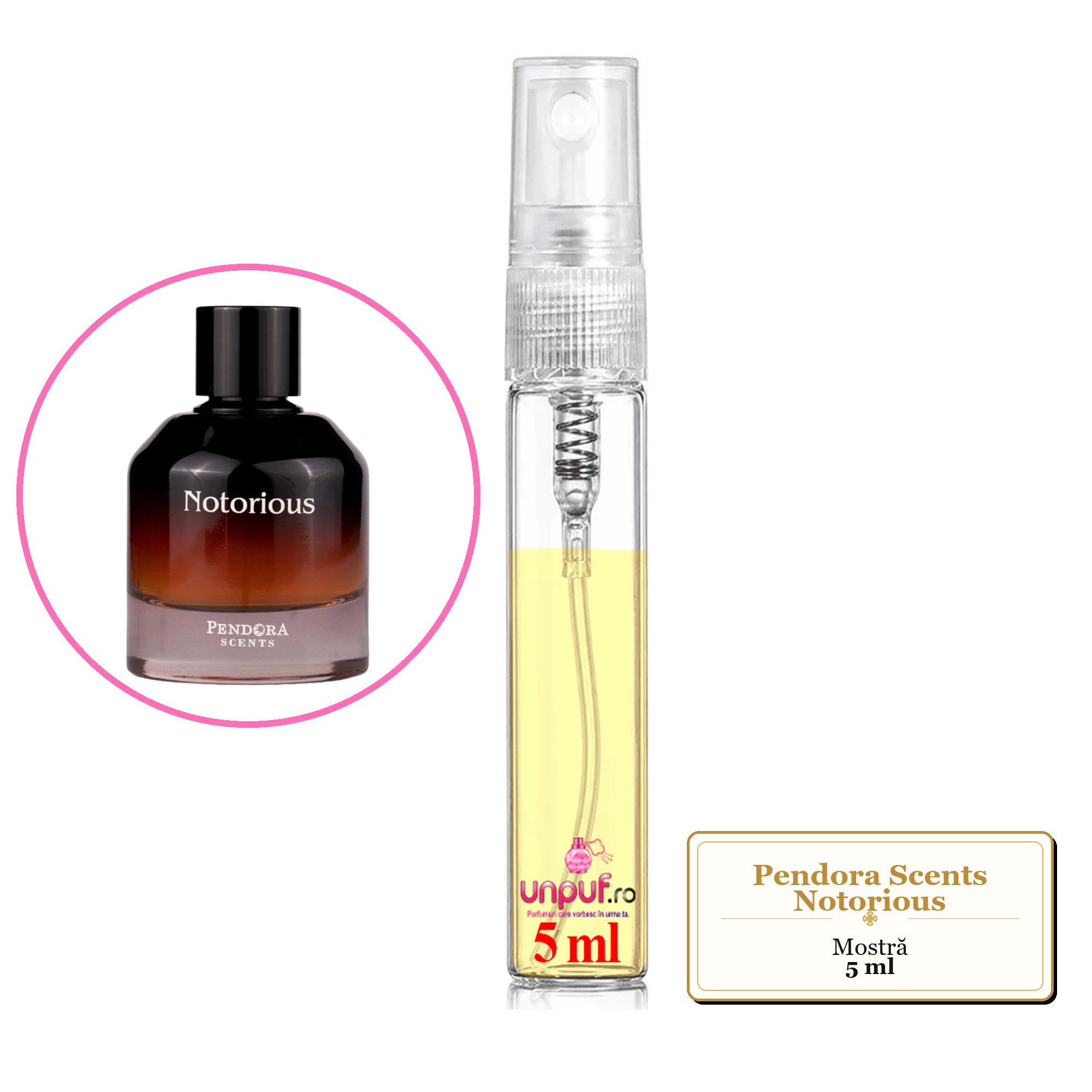 Mostra fiola din Parfumul Pendora Scents Notorious, decant sticla cu pulverizator