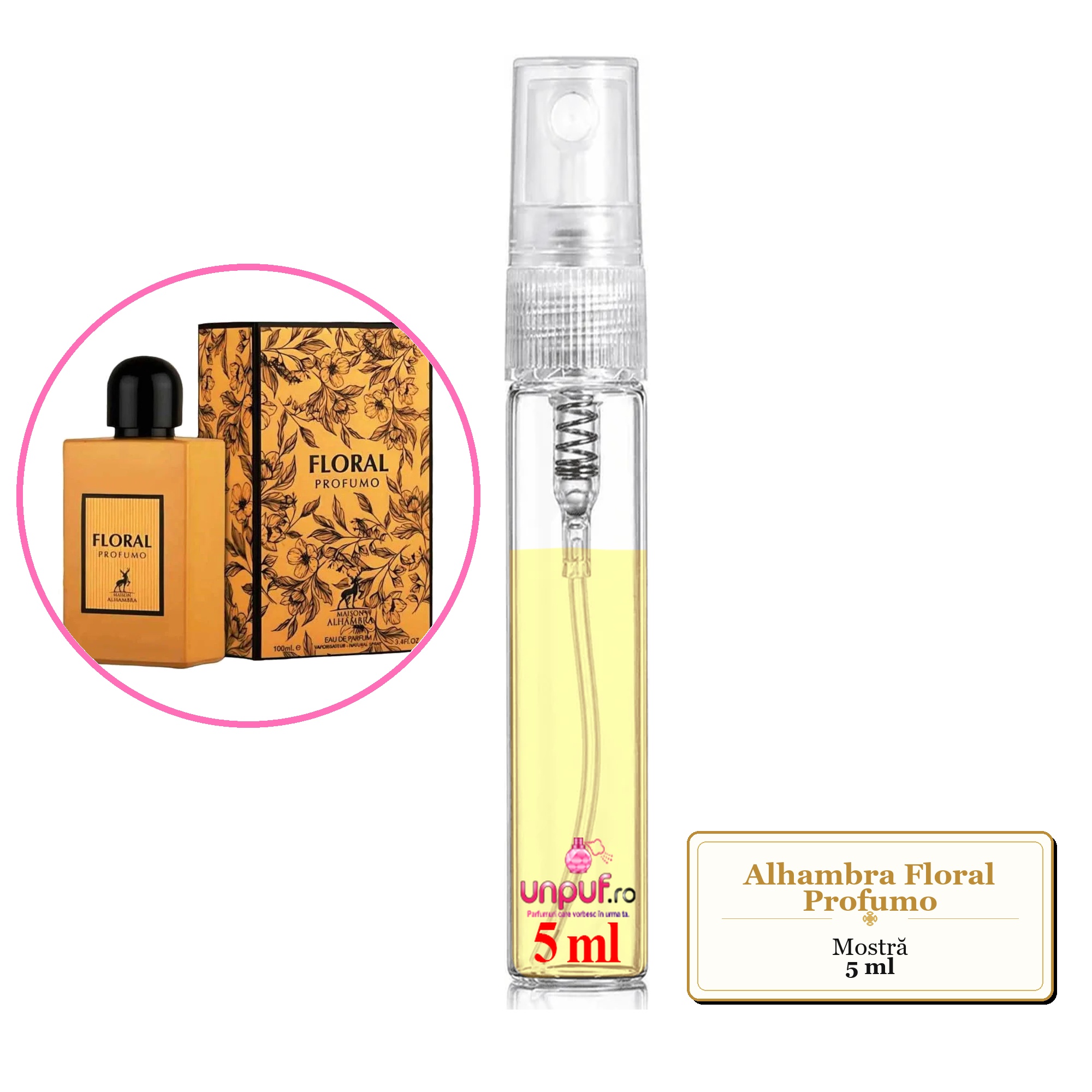 Mostra fiola din Parfumul Alhambra Floral Profumo, decant sticla cu pulverizator