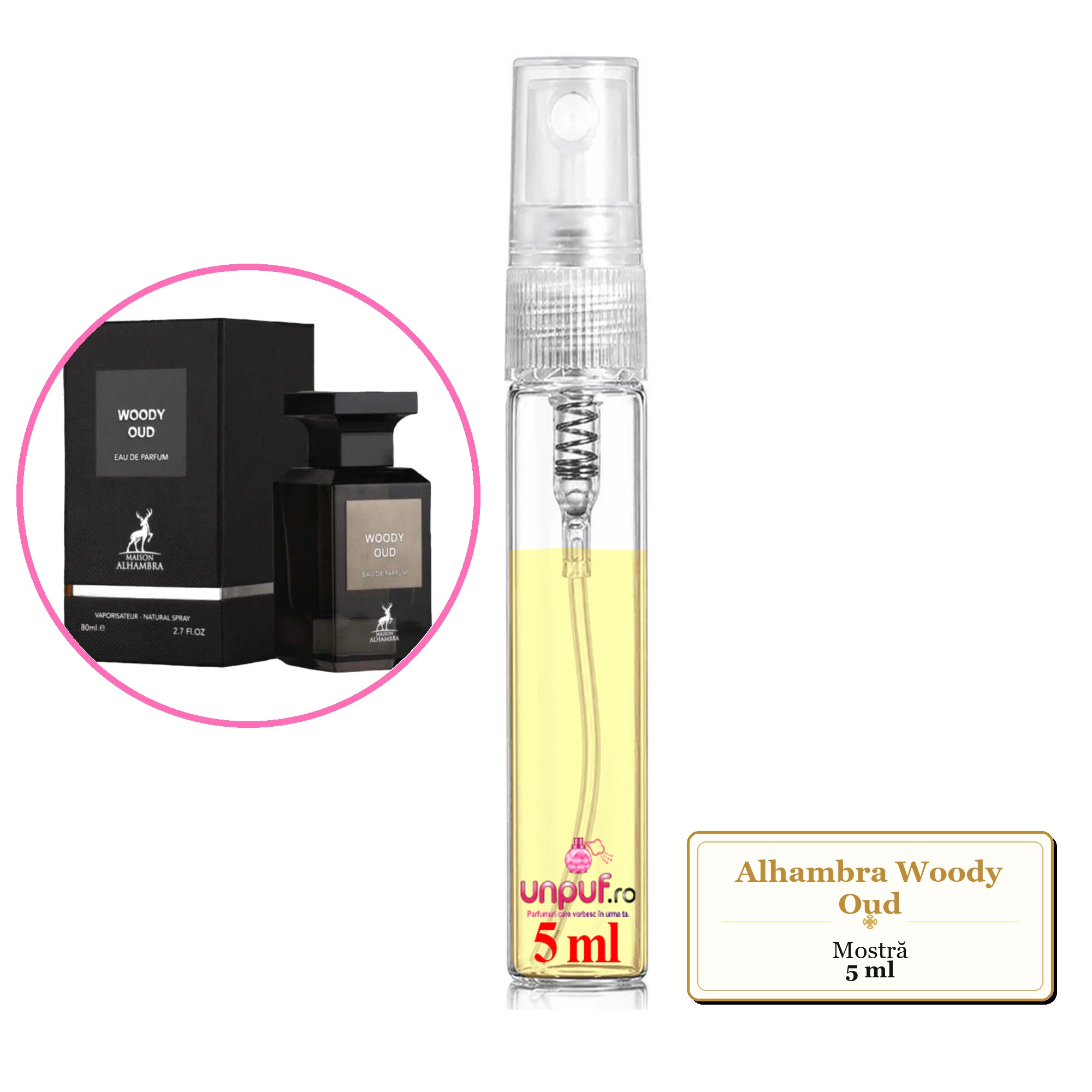 Mostra fiola din Parfumul Alhambra Woody Oud, decant sticla cu pulverizator