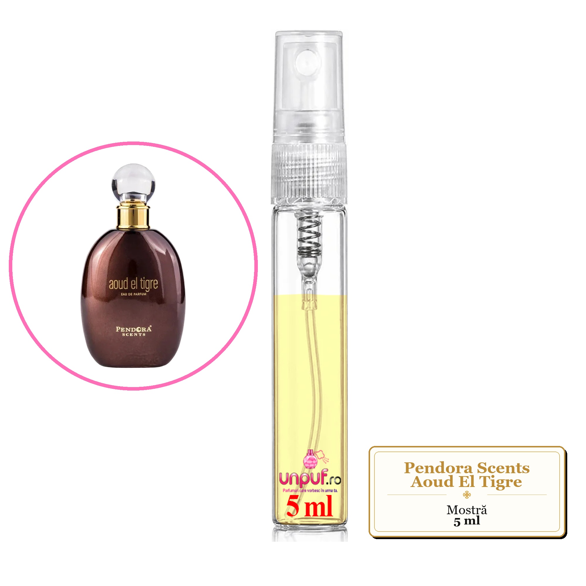 Mostra fiola din Parfumul Pendora Scents Aoud El Tigre, decant sticla cu pulverizator 