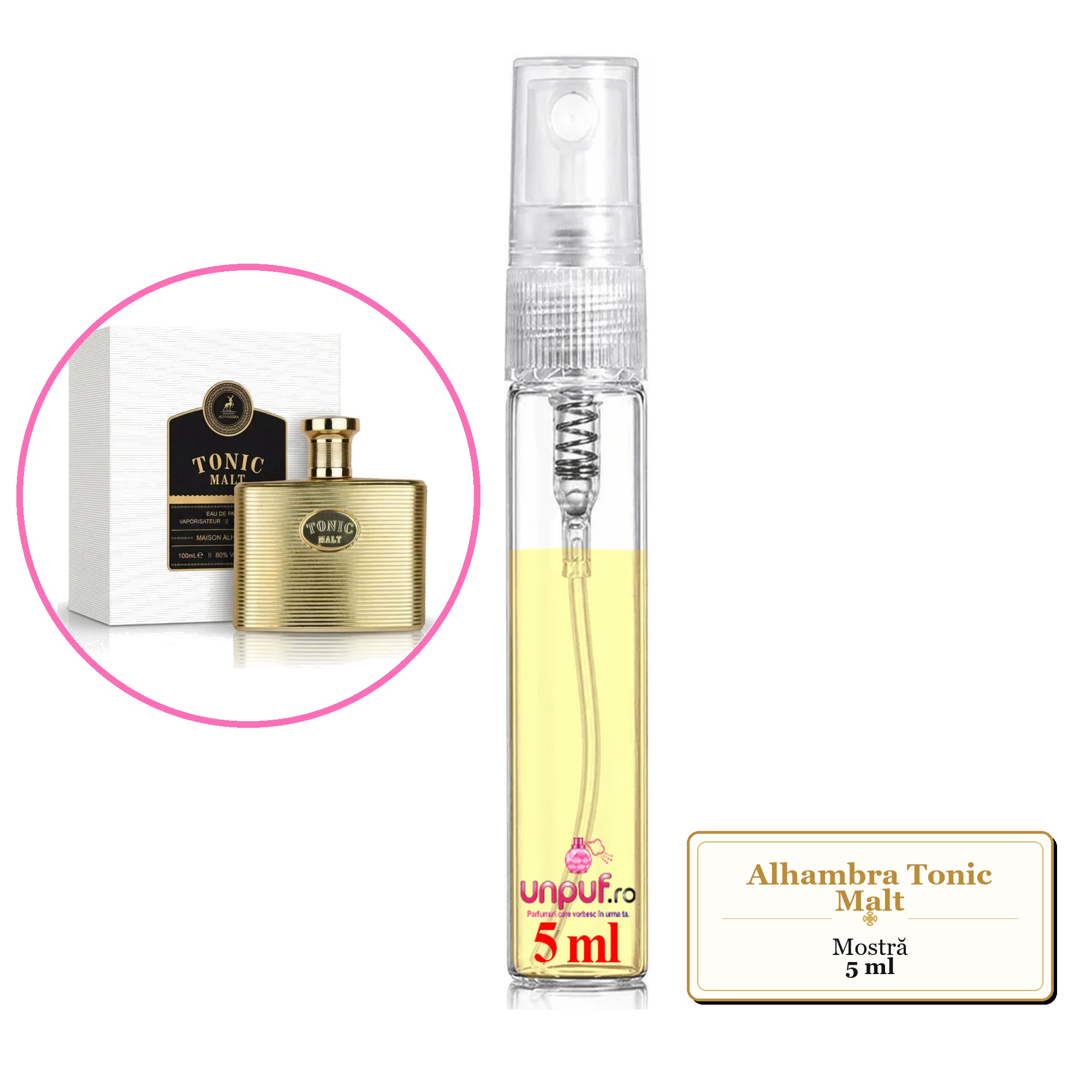 Mostra fiola din Parfumul Alhambra Tonic Malt, decant sticla cu pulverizator