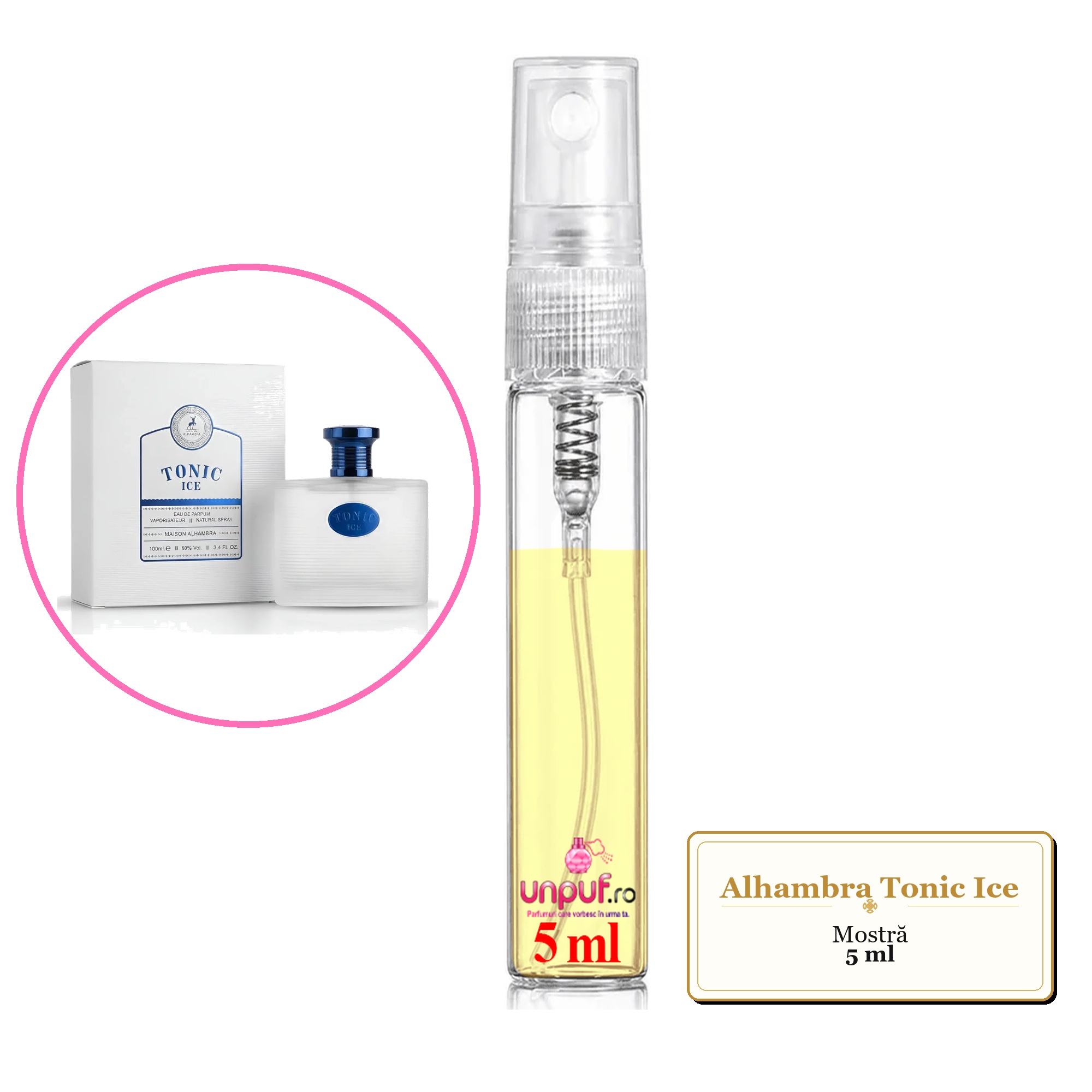 Mostra fiola din Parfumul Alhambra Tonic Ice, decant sticla cu pulverizator