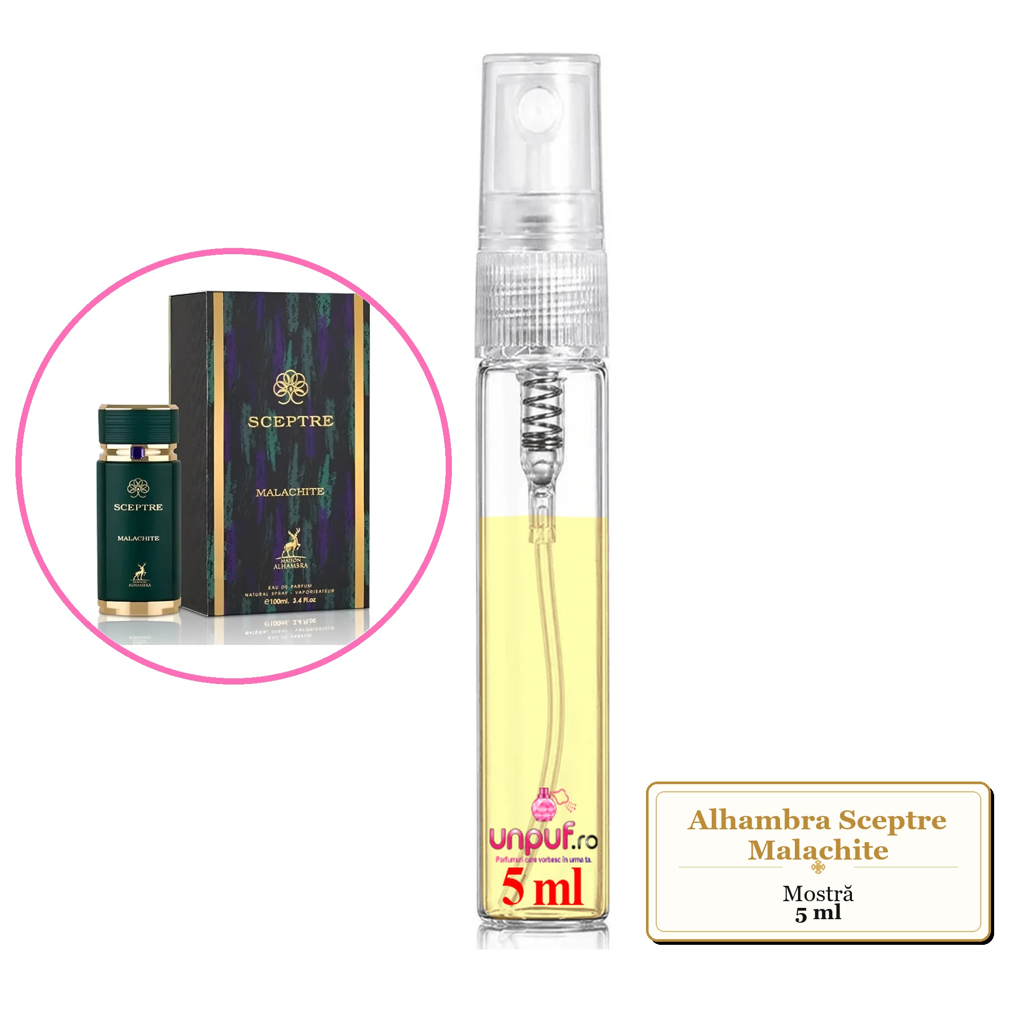 Mostra fiola din Parfumul Alhambra Sceptre Malachite, decant sticla cu pulverizator