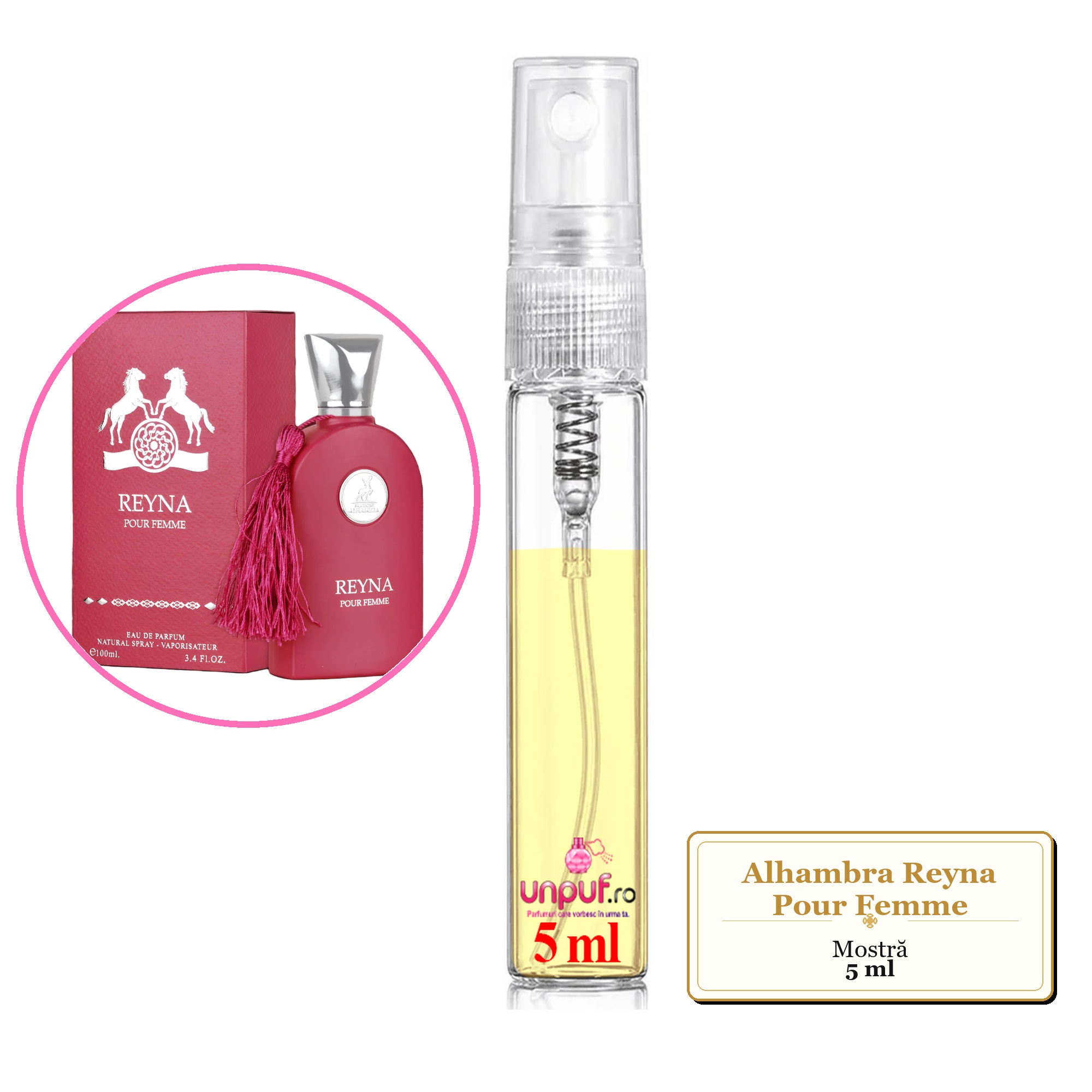 Mostra fiola din Parfumul Alhambra Reyna Pour Femme, decant sticla cu pulverizator