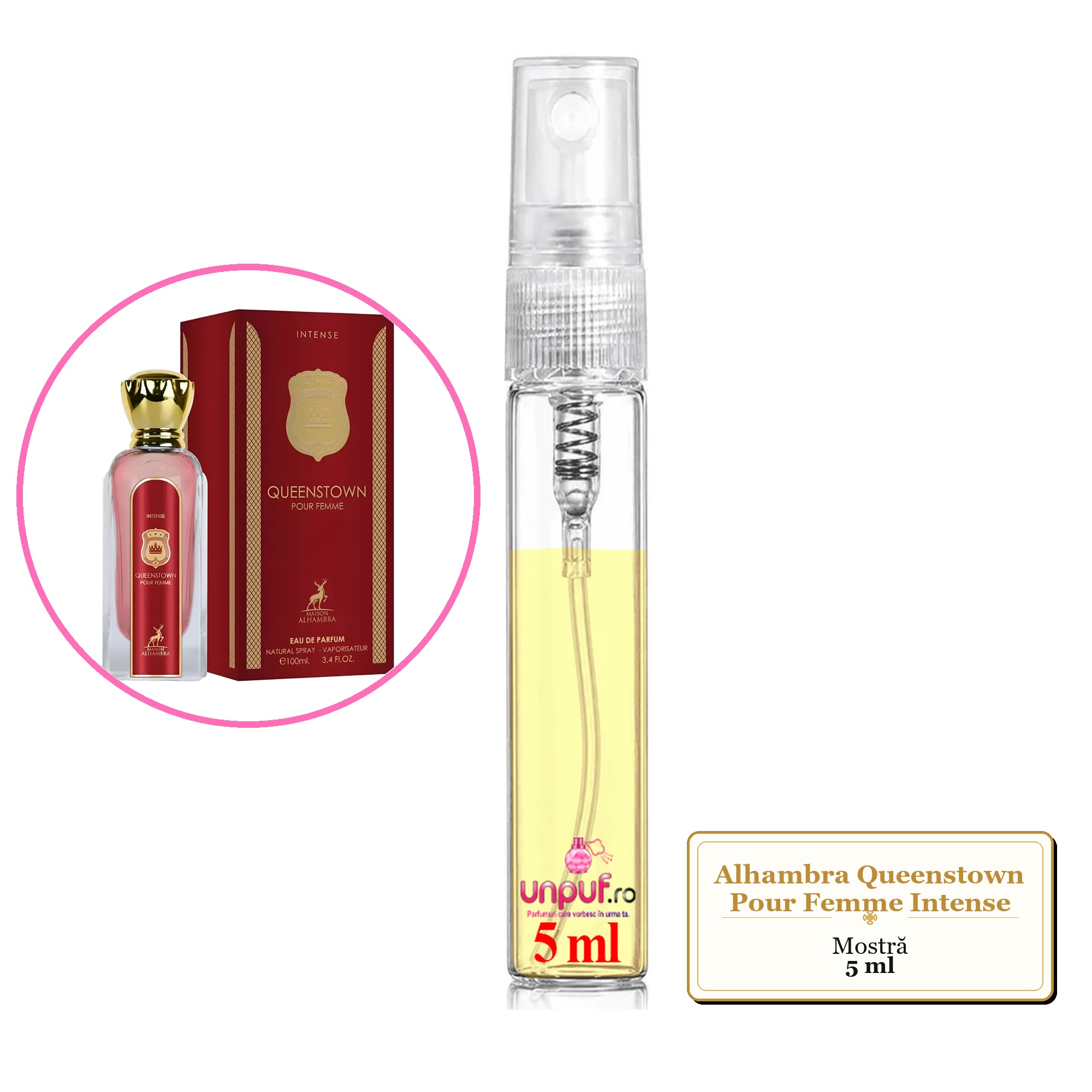 Mostra fiola din Parfumul Alhambra Queenstown Pour Femme Intense, decant sticla cu pulverizator