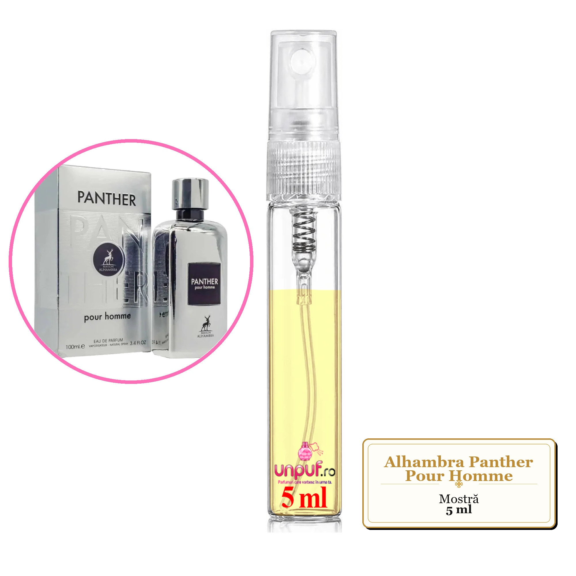 Mostra fiola din Parfumul Alhambra Panther Pour Homme, decant sticla cu pulverizator 