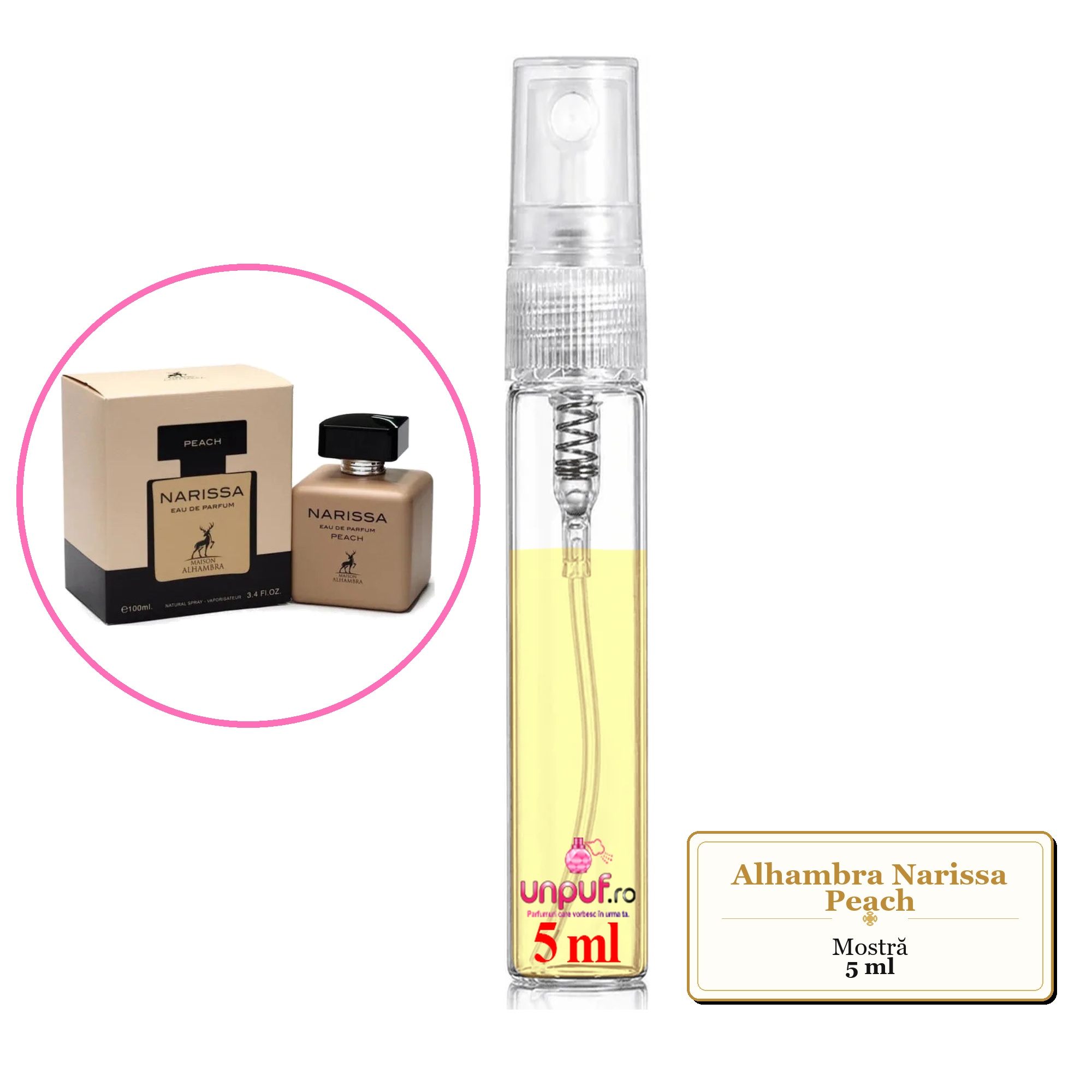 Mostra fiola din Parfumul Alhambra Narissa Peach, decant sticla cu pulverizator 