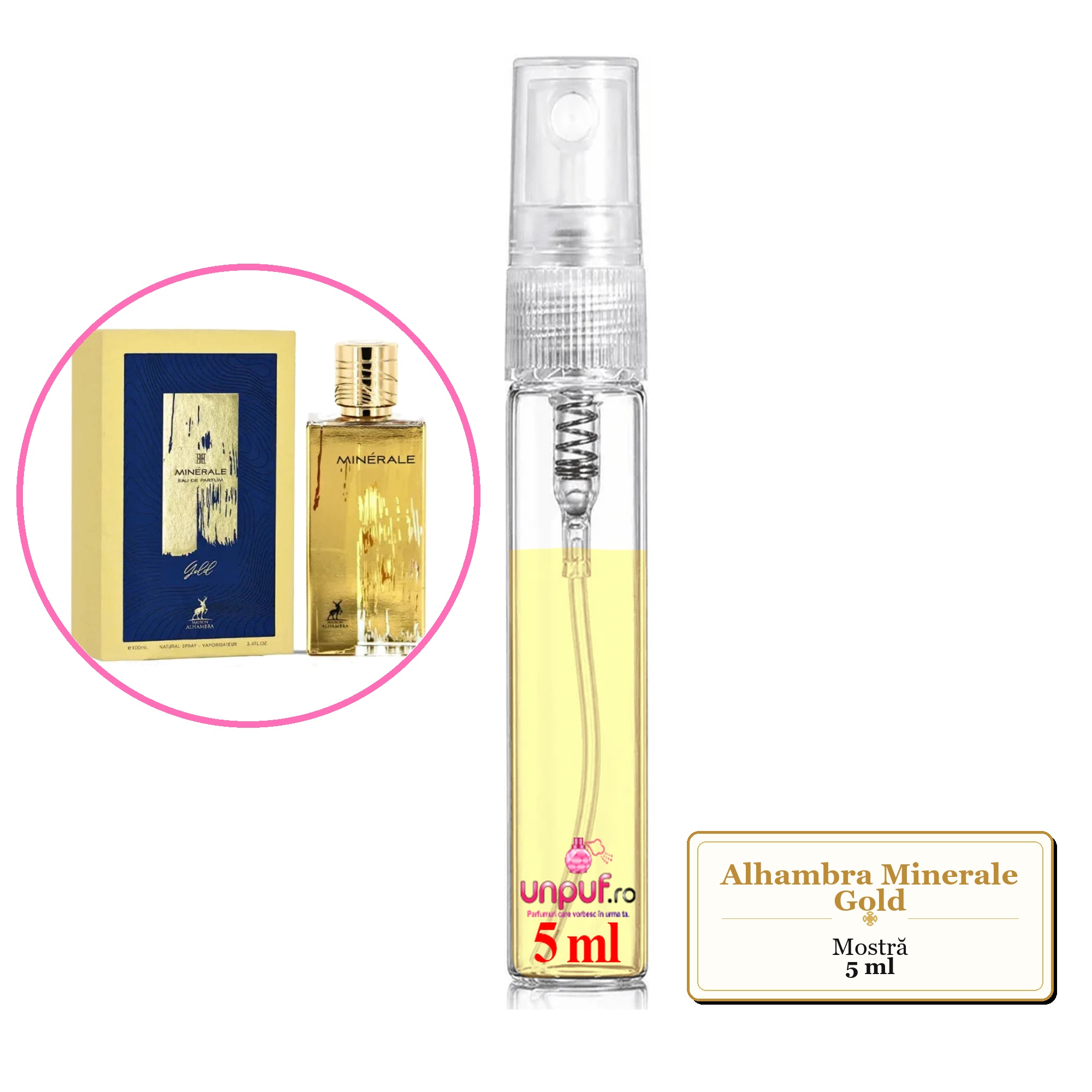 Mostra fiola din Parfumul Alhambra Minerale Gold, decant sticla cu pulverizator
