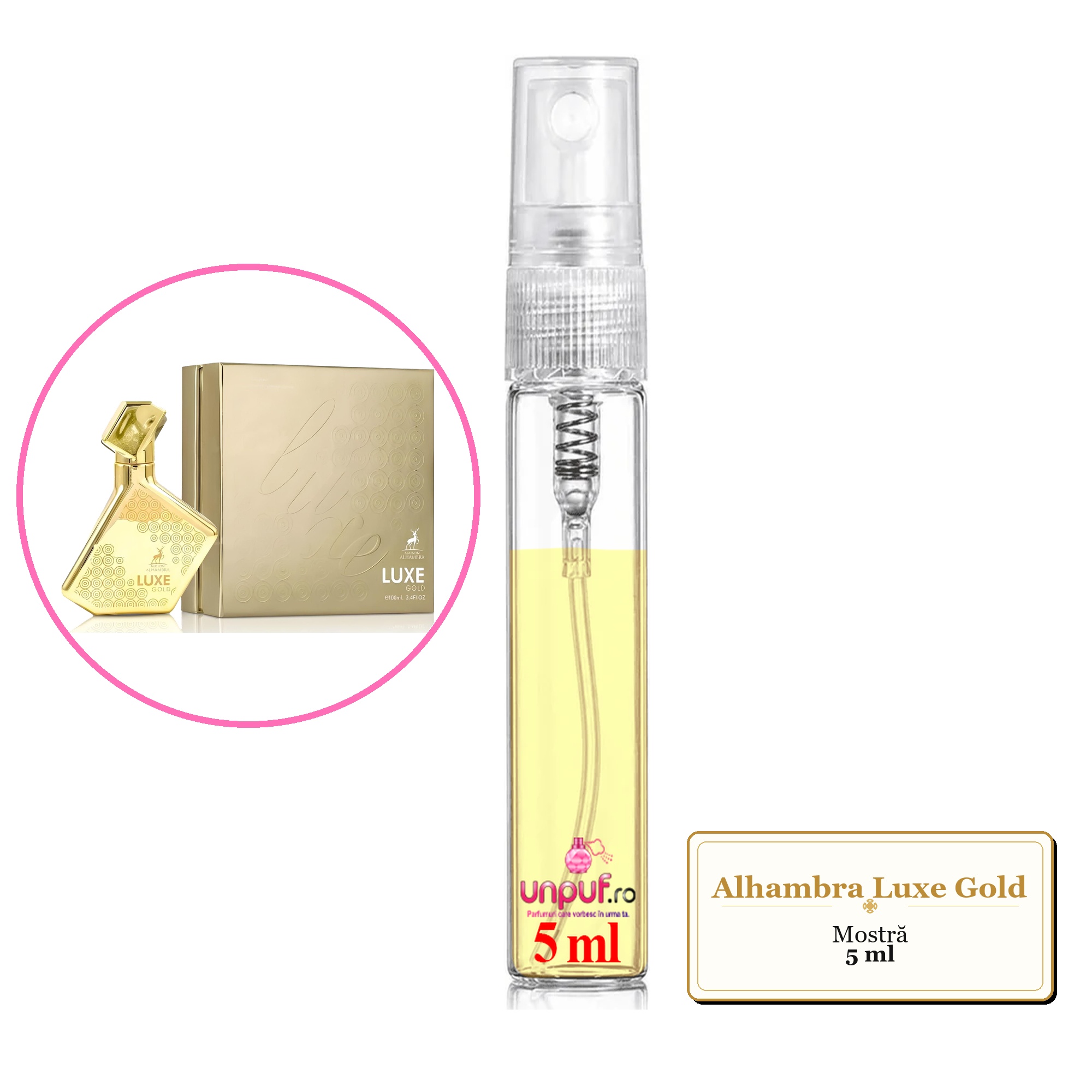 Mostra fiola din Parfumul Alhambra Luxe Gold, decant sticla cu pulverizator 