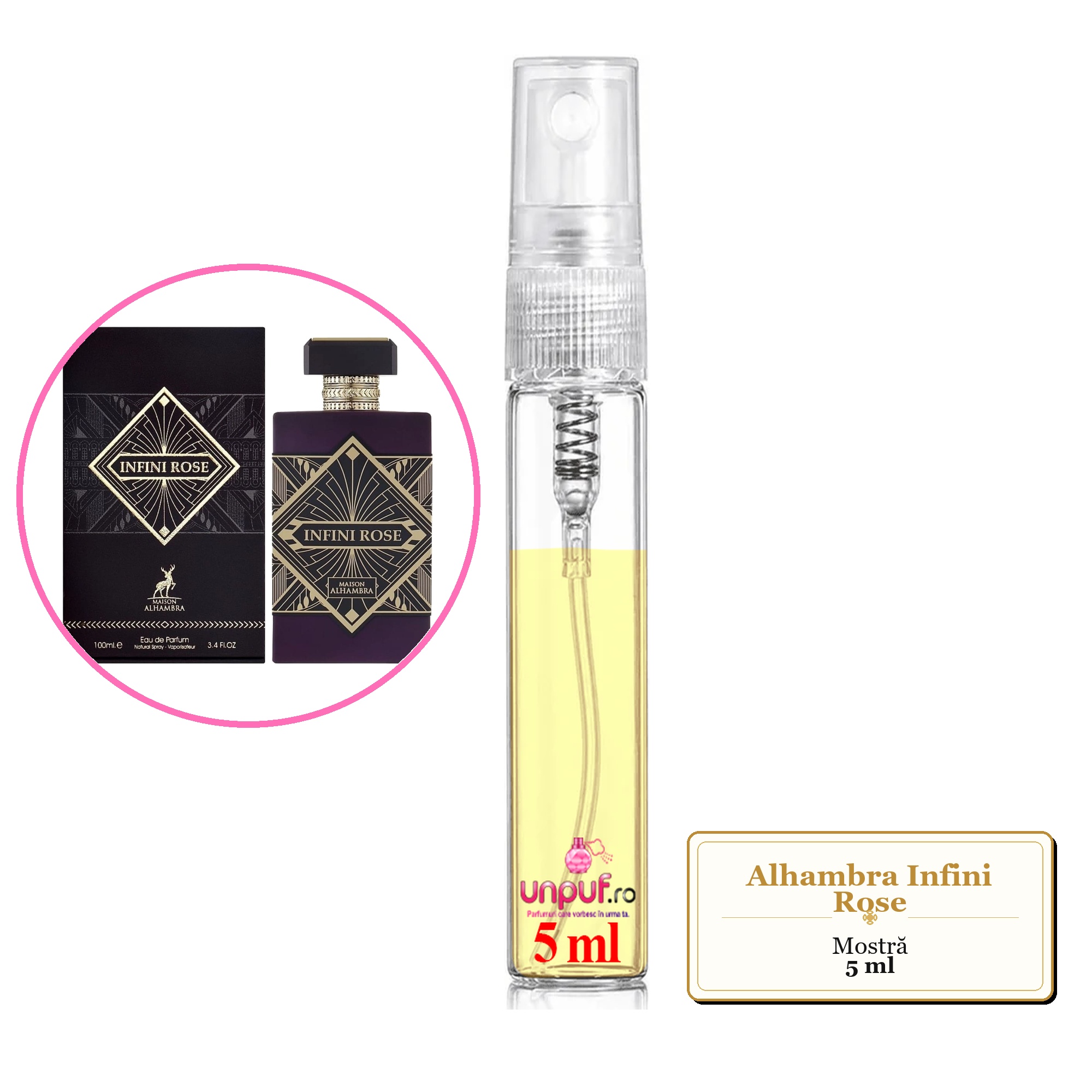 Mostra fiola din Parfumul Alhambra Infini Rose, decant sticla cu pulverizator