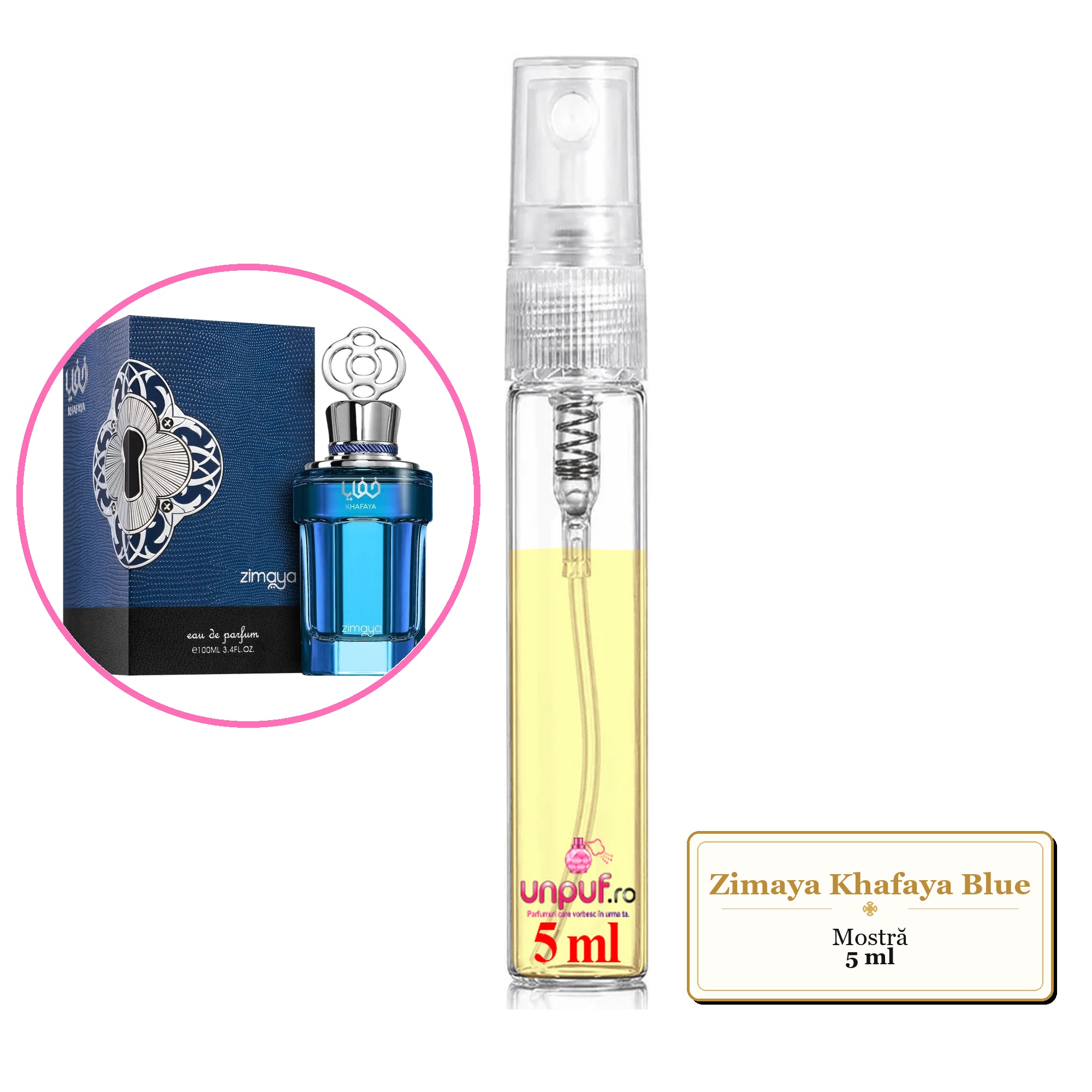Mostra fiola din Parfumul Zimaya Khafaya Blue, decant sticla cu pulverizator 