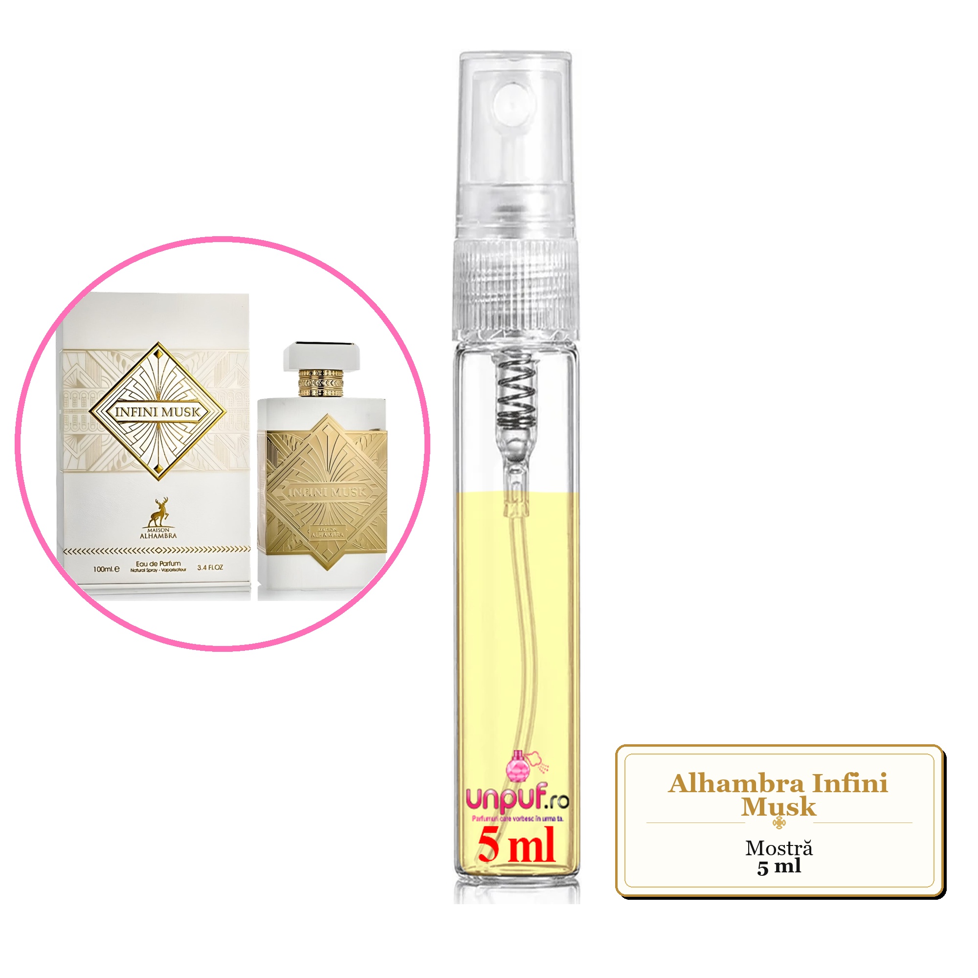 Mostra fiola din Parfumul Alhambra Infini Musk, decant sticla cu pulverizator 