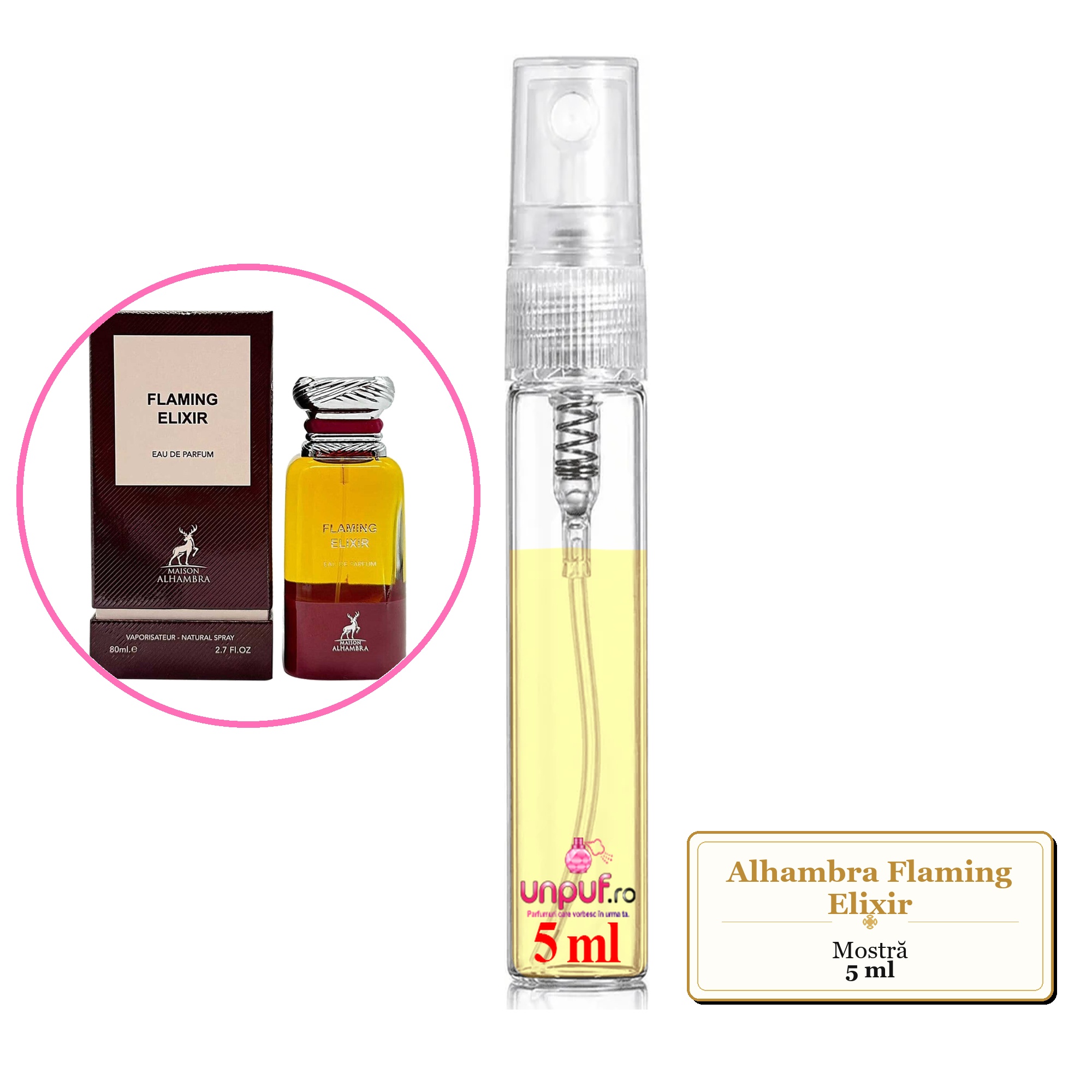 Mostra fiola din Parfumul Alhambra Flaming Elixir, decant sticla cu pulverizator