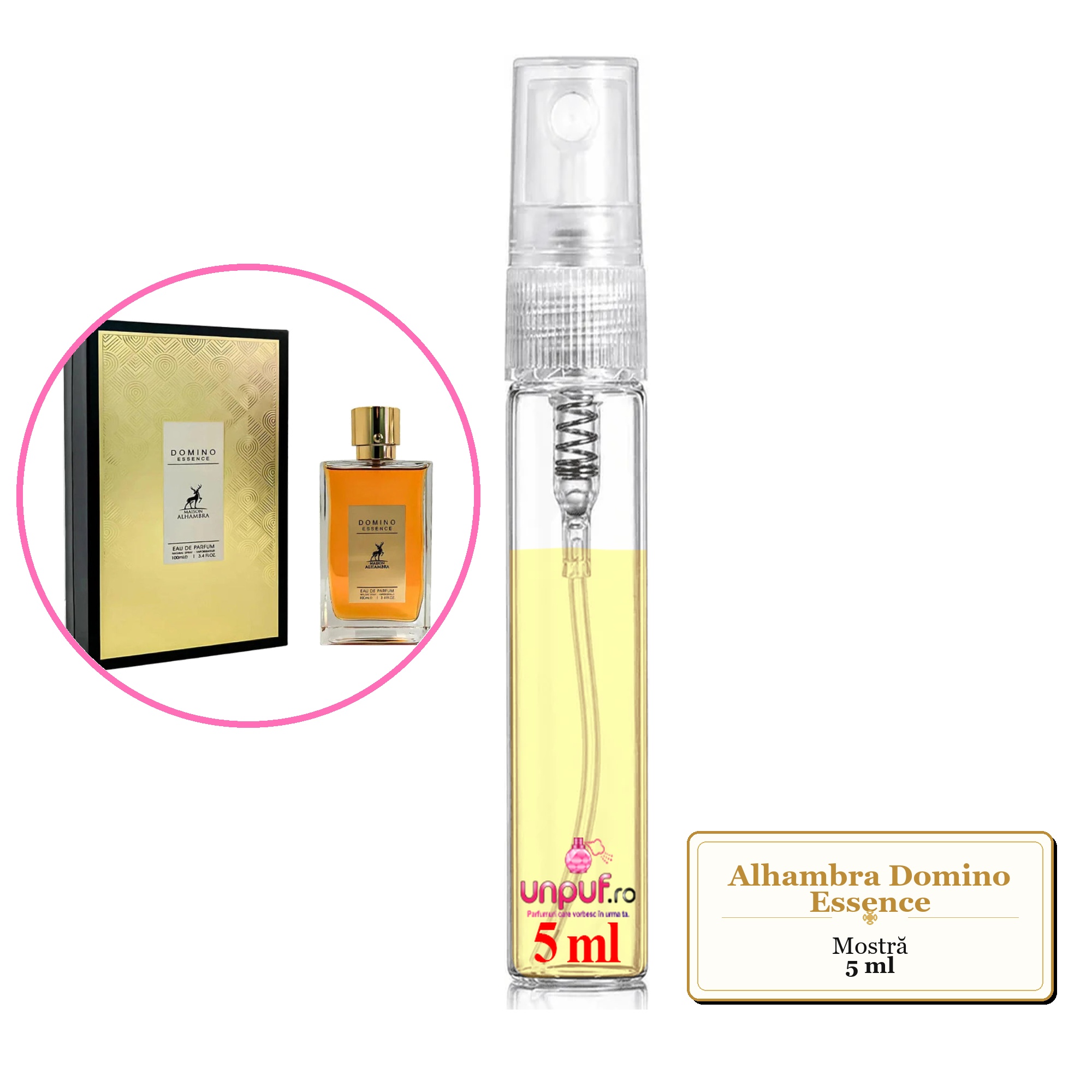 Mostra fiola din Parfumul Alhambra Domino Essence, decant sticla cu pulverizator