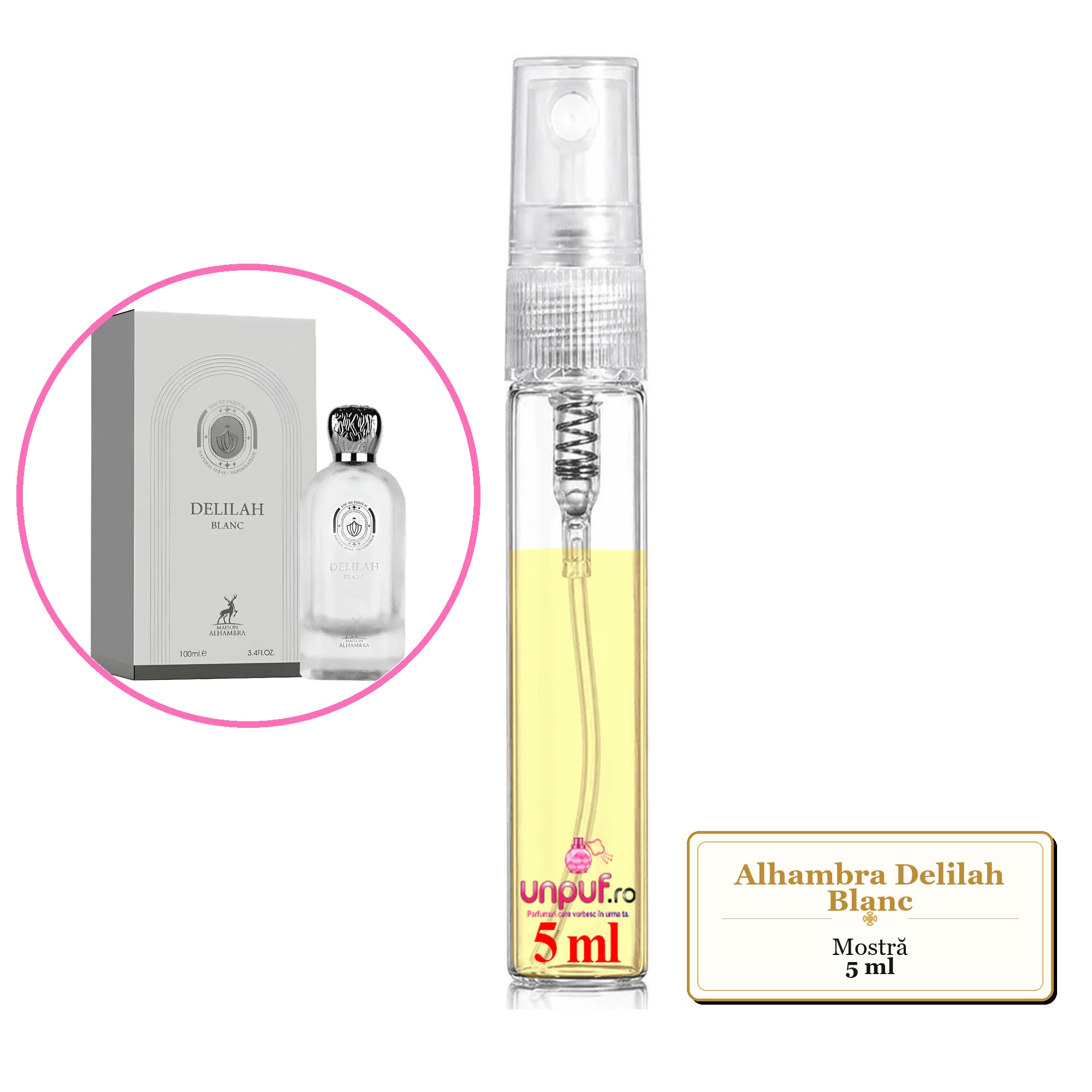 Mostra fiola din Parfumul Alhambra Delilah Blanc, decant sticla cu pulverizator