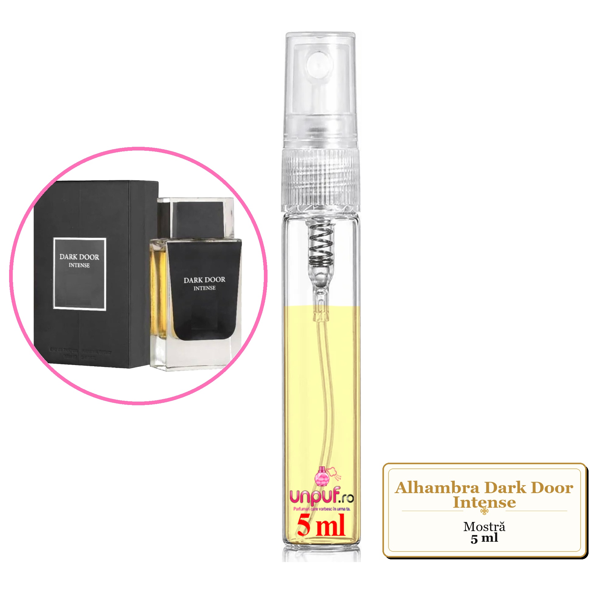 Mostra fiola din Parfumul Alhambra Dark Door Intense, decant sticla cu pulverizator