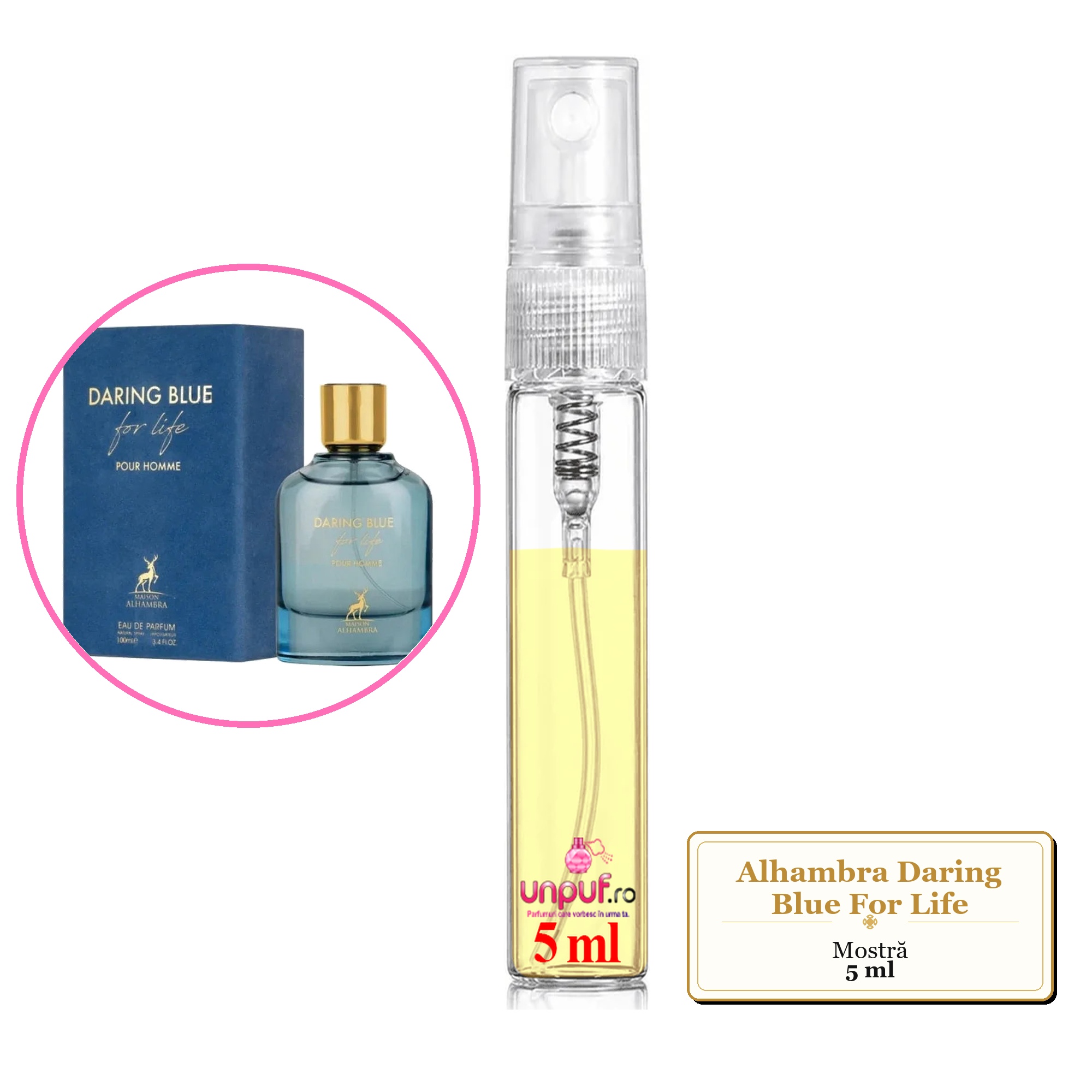 Mostra fiola din Parfumul Alhambra Daring Blue For Life, decant sticla cu pulverizator