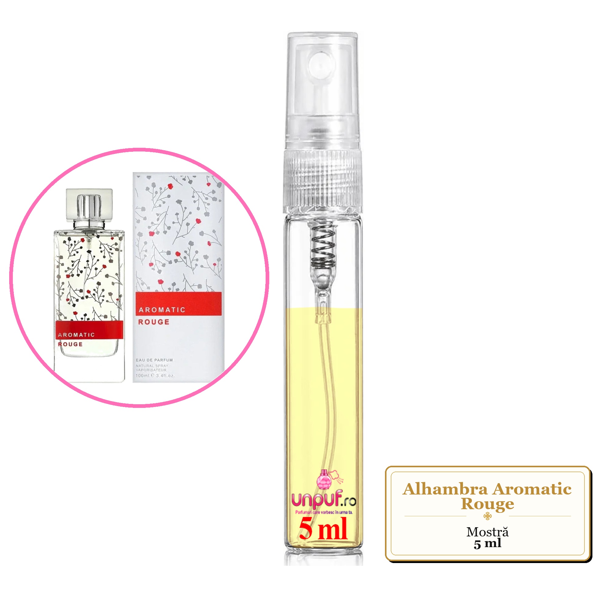 Mostra fiola din Parfumul Alhambra Aromatic Rouge, decant sticla cu pulverizator