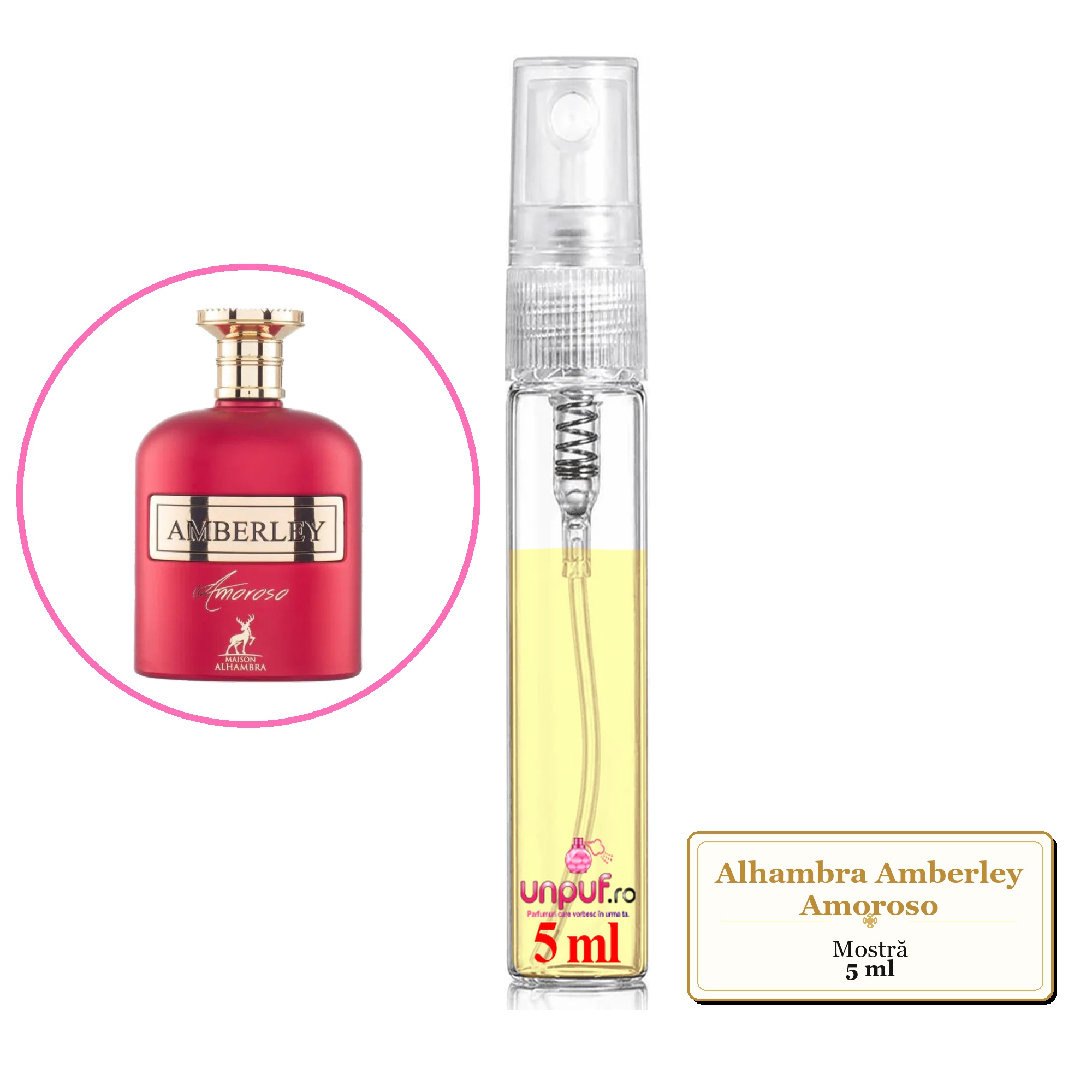 Mostra fiola din Parfumul Alhambra Amberley Amoroso, decant sticla cu pulverizator 