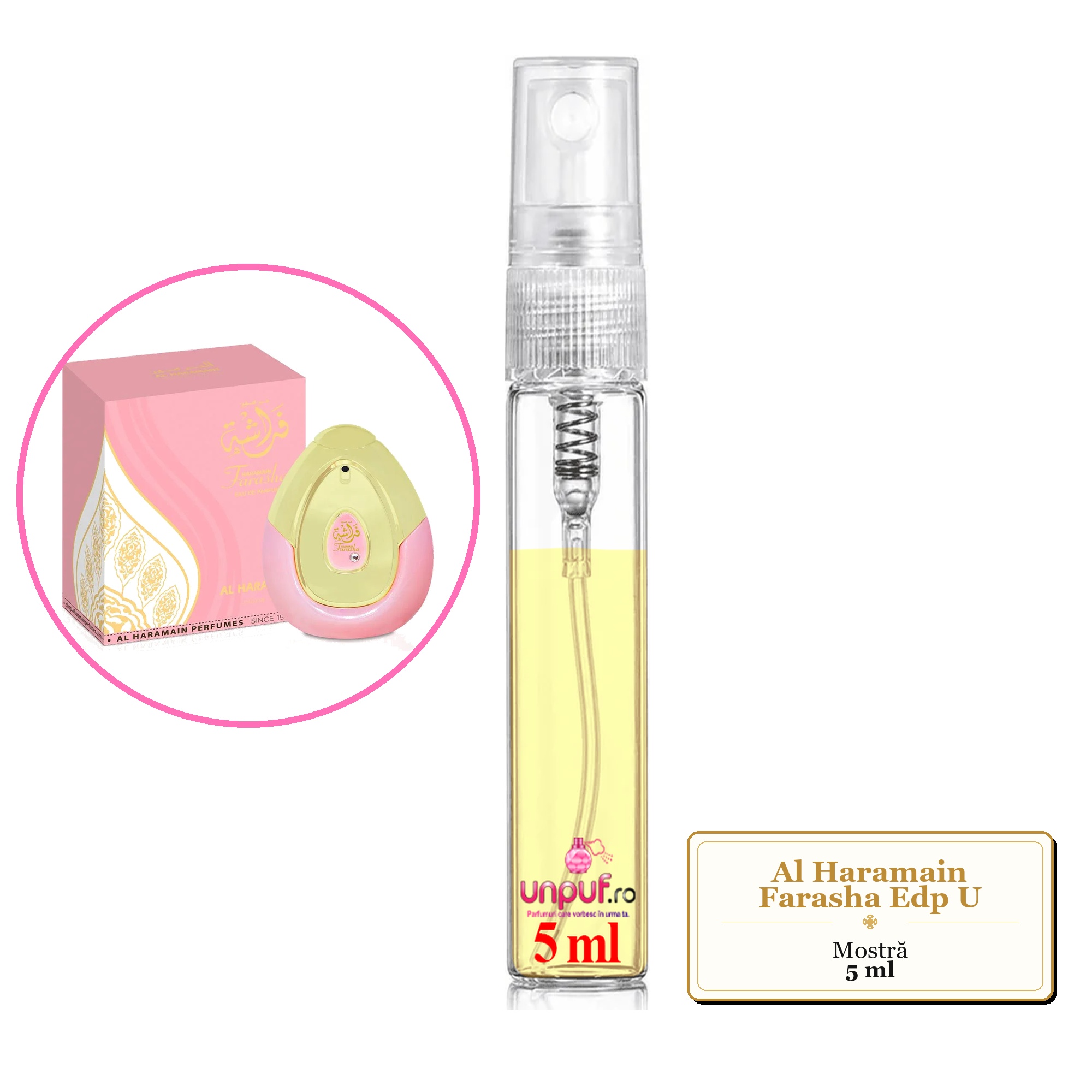 Mostra fiola din Parfumul Al Haramain Farasha Edp U, decant sticla cu pulverizator