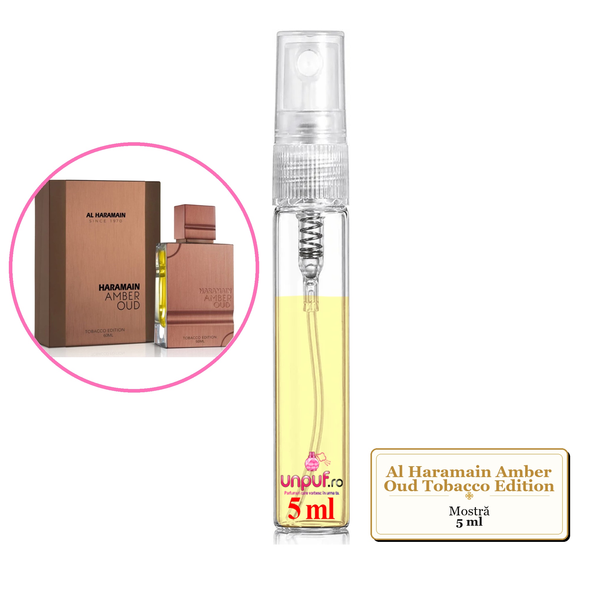 Mostra fiola din Parfumul Al Haramain Amber Oud Tobacco Edition, decant sticla cu pulverizator