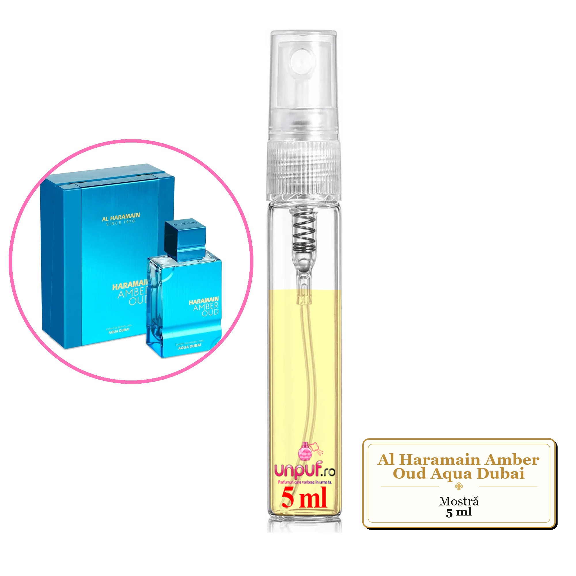 Mostra fiola din Parfumul Al Haramain Amber Oud Aqua Dubai, decant sticla cu pulverizator 