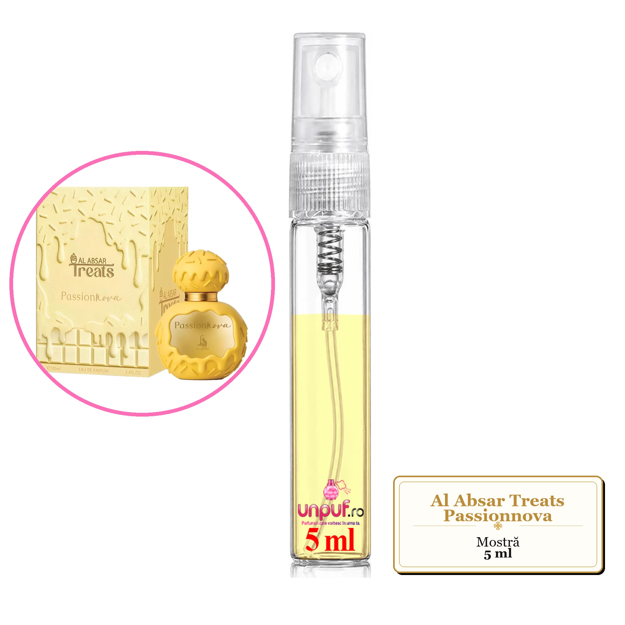 Mostra fiola din Parfumul Al Absar Treats Passionnova, decant sticla cu pulverizator