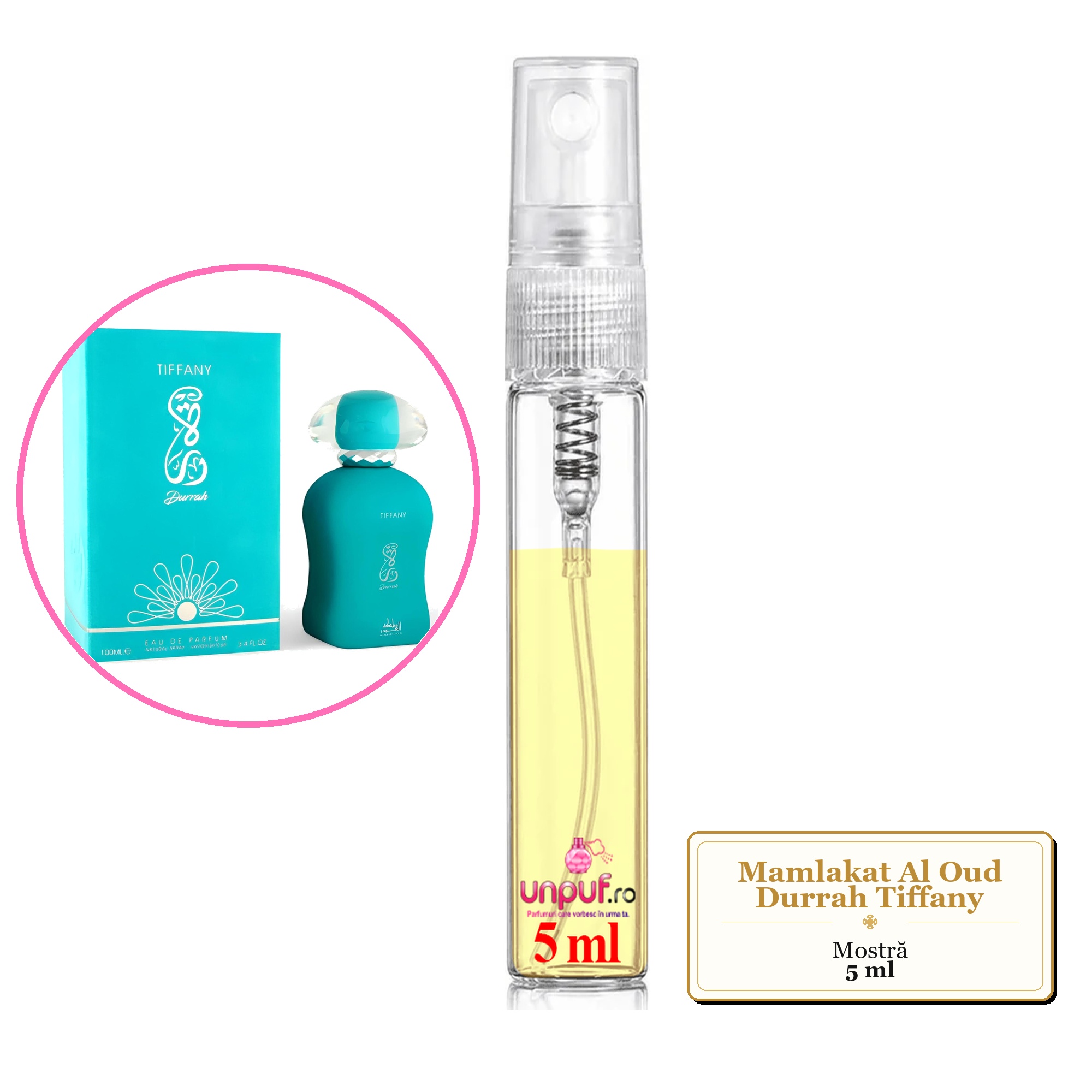 Mostra fiola din Parfumul Mamlakat Al Oud Durrah Tiffany, decant sticla cu pulverizator