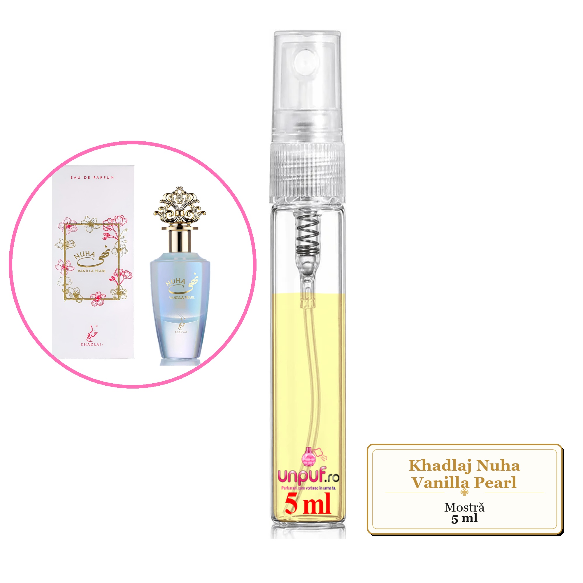 Mostra fiola din Parfumul Khadlaj Nuha Vanilla Pearl, decant sticla cu pulverizator 