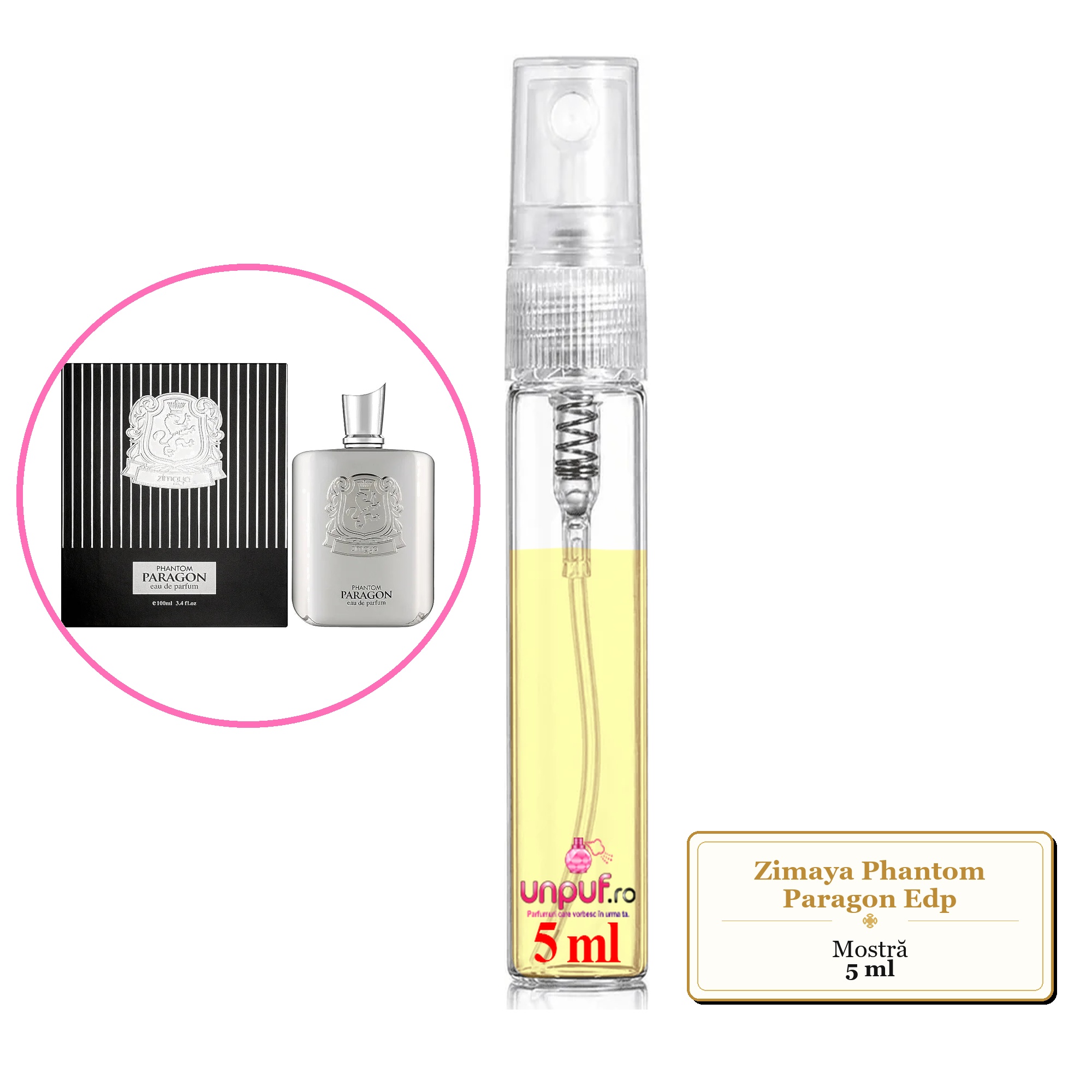 Mostra fiola din Parfumul Zimaya Phantom Paragon Edp, decant sticla cu pulverizator