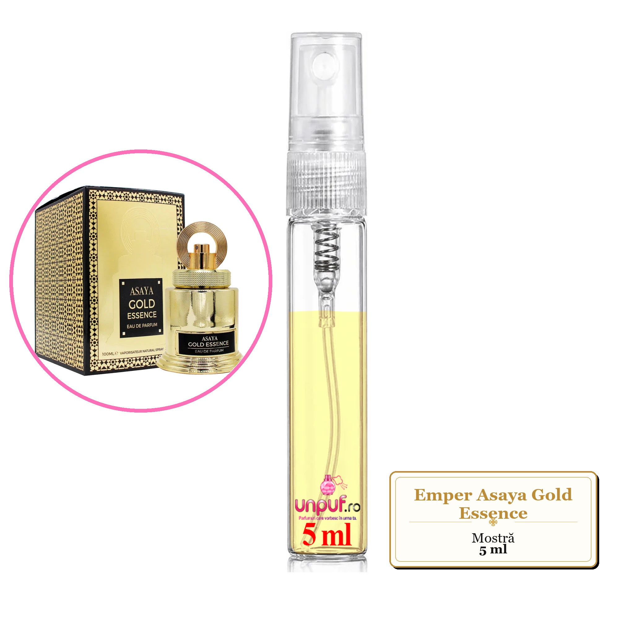 Mostra fiola din Parfumul Emper Asaya Gold Essence, decant sticla cu pulverizator
